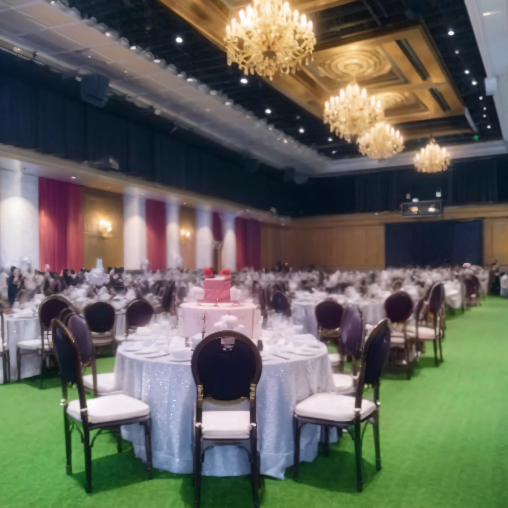 there are many tables and chairs in a large room with chandeliers, large hall, in a large hall, ballroom background, luxurious environment, big hall, indoor setting, glamorous setting, ornate dining hall, inside a grand, ballroom, event, d. i. y. venue, event photography, background of a golden ballroom, diy, luxurious wedding
