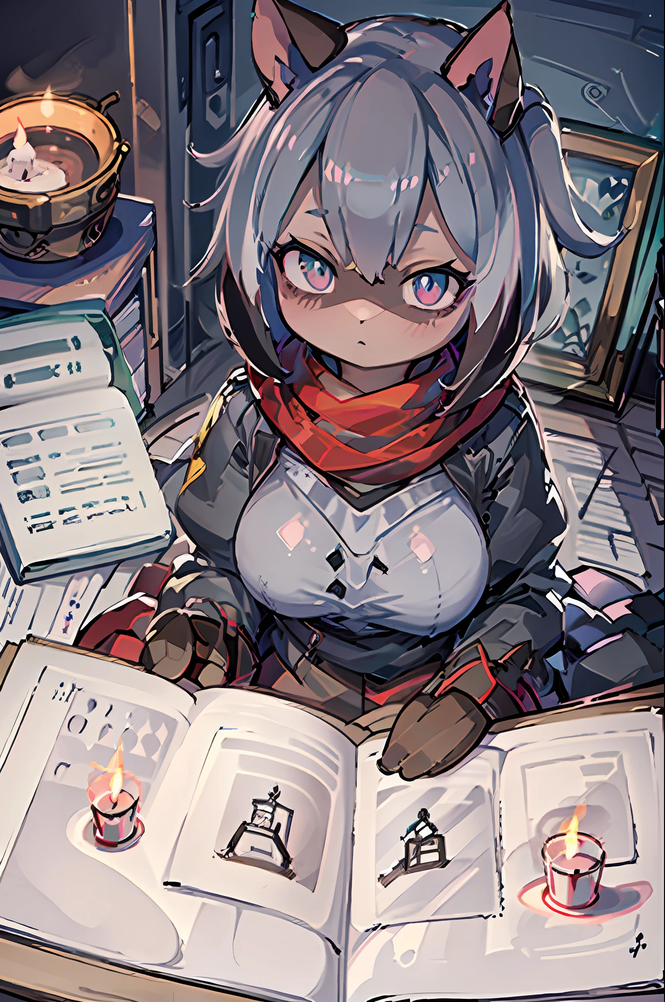 ((masterpiece, best quality)), a girl, white hair, breasts, hair_between_eyes, looking_at_viewer, medium_breasts, blue_eyes, short_hair, solo, stitches, multicolored background, from above, candlelight, red scarf, candle, candlestand, (black sword), reading books