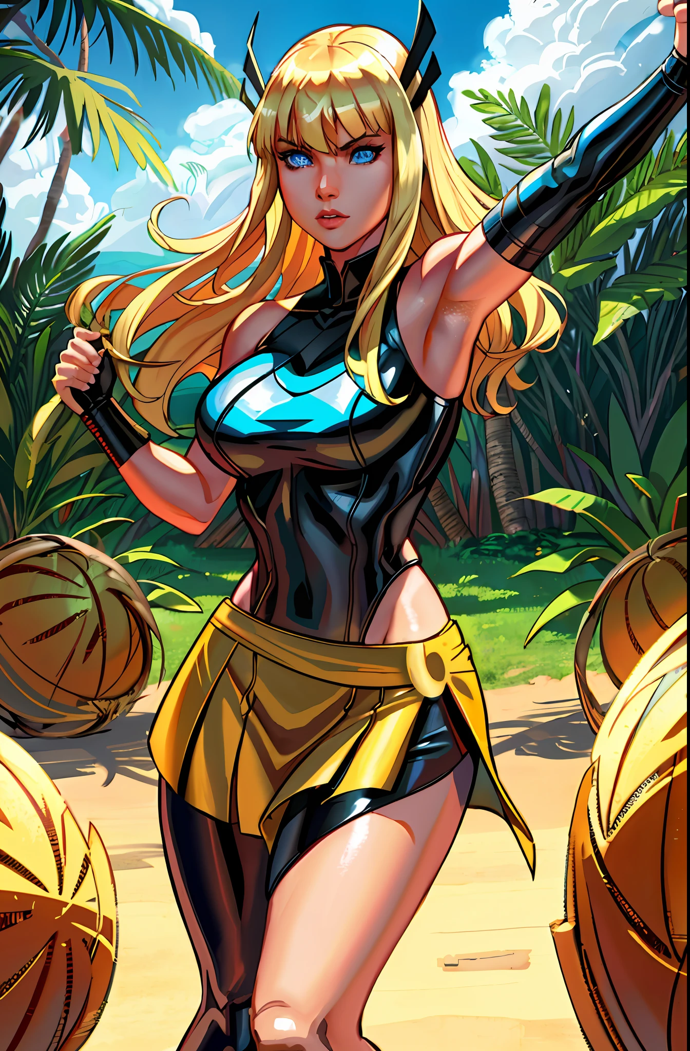 Magik (from x-men, perfect blue eyes, long blonde hair with bangs, medium breasts, strong toned body), ((dancing hula in Hawaii)), ((wearing a Kupe:1.5)), masterpiece:1.2, best quality:1.2, ultra-detailed:1,2, CG illustration, high resolution:1,2, better lighting, better shadow, extremely delicate and beautiful, proper shading, HD, 8k, ray tracing