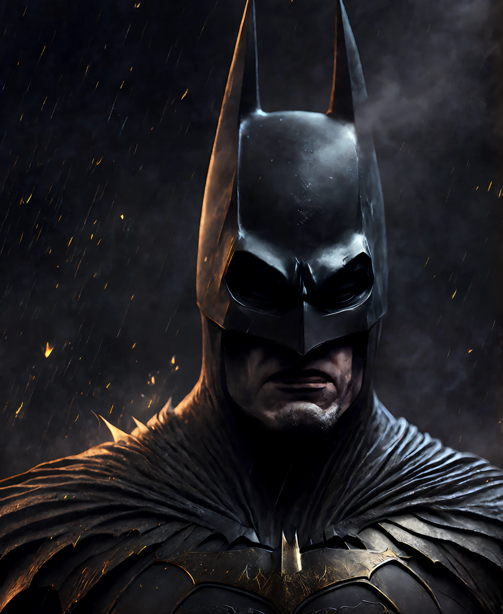 Close-up (Evil Batman from DC in Viking style: 1.3) emerging from wet black mud, extremely detailed, smoke, sparks, metal shavings, flying debris, volumetric light