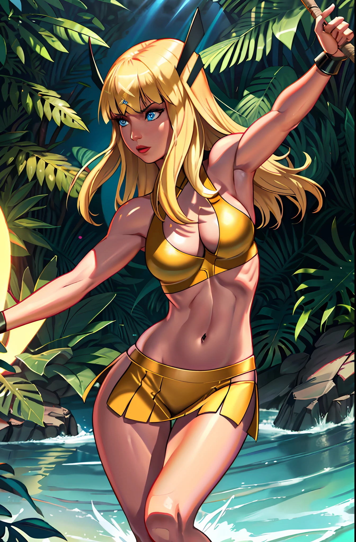 Magik (from x-men, perfect blue eyes, long blonde hair with bangs, medium breasts, strong toned body), ((dancing hula in Hawaii)), ((wearing a Kupe:1.5)), masterpiece:1.2, best quality:1.2, ultra-detailed:1,2, CG illustration, high resolution:1,2, better lighting, better shadow, extremely delicate and beautiful, proper shading, HD, 8k, ray tracing