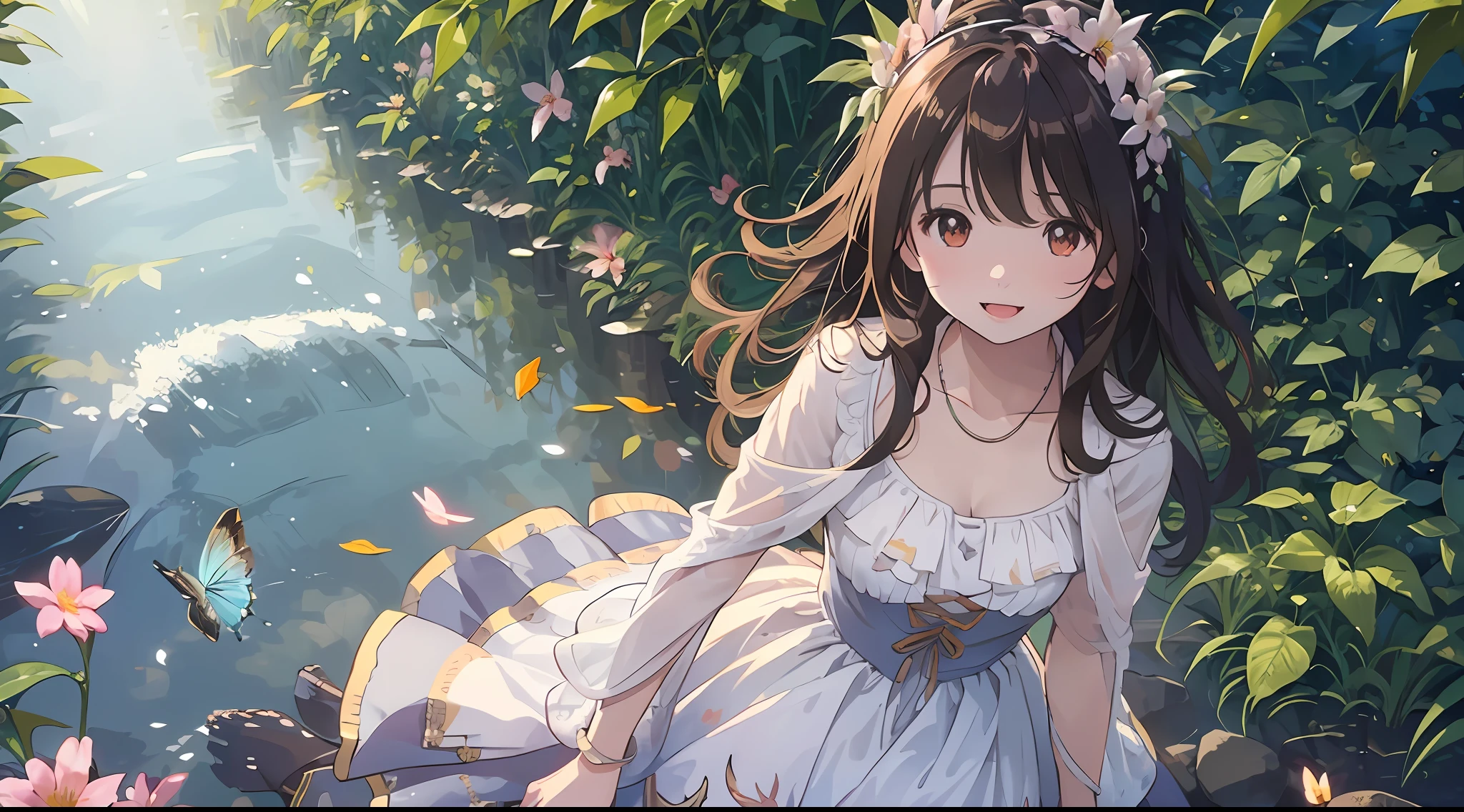 ((SFW)),Masterpiece,(High Quality),(Photoreal))),(Cinematic Direction),(High Contrast),(Depth of Field: 1.2)(Award-winning difference photo),Face details,Detailed drawing,There is a place in the forest where flowers bloom, Girl dancing in a snow-white summer dress in the flower field,Animals are happily jumping around the girl, Colorful little birds and butterflies flying around the girl,The girl is 11 years old,Black hair very long hair,Flower crown, full body figure, summer sky, summer clouds, summer dazzling sunlight, flower garden, girl with open arms, dancing, necklace, smile, smile, happy, fun, girl looking up at the sky, deer, flapping duck, flapping goose, hummingbird, European bulbul, kingfisher, European orli, butterfly, dazzling halo light, (dazzling brilliance: .1.4, (glow: 1.3), backlit, (colorful petals soar in the wind: 1.4),