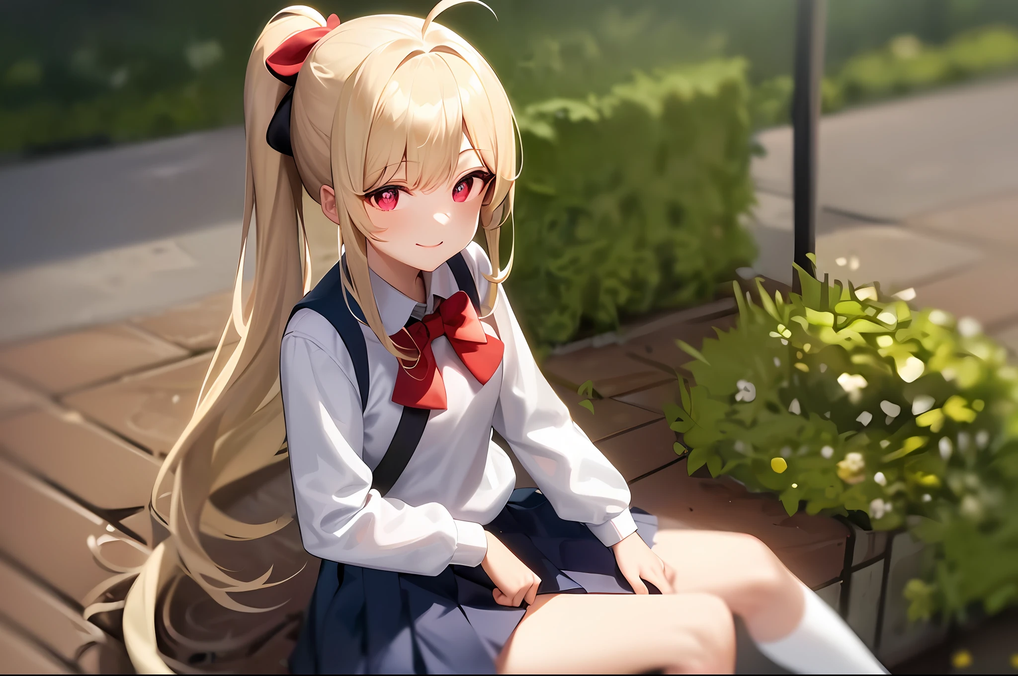 Masterpiece, Best Quality, High Resolution, In1, Side Ponytail, Long Hair, Ahoge, White Shirt, School Uniform, Blue Skirt, Long Sleeve, Red Bow, White Socks, Black Vest, Garden, Sit, Smiling, Blonde, Red Eyes, Middle School, Solo,