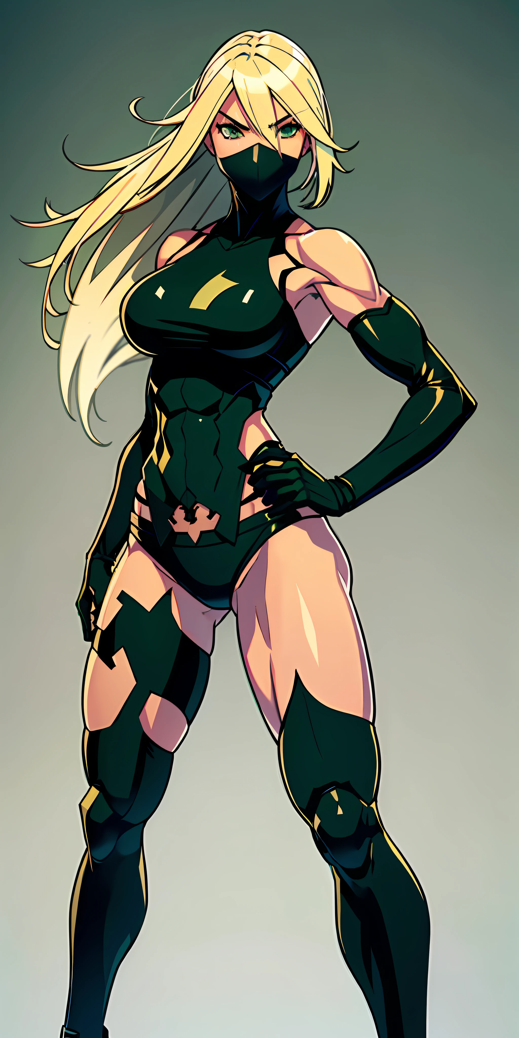 a ninja, beautiful face, serious face, long blonde hair, green eyes, perfect body, fit body, abdomen, large breasts, muscular, wearing a ninja outfit, Character A2 Nier automata