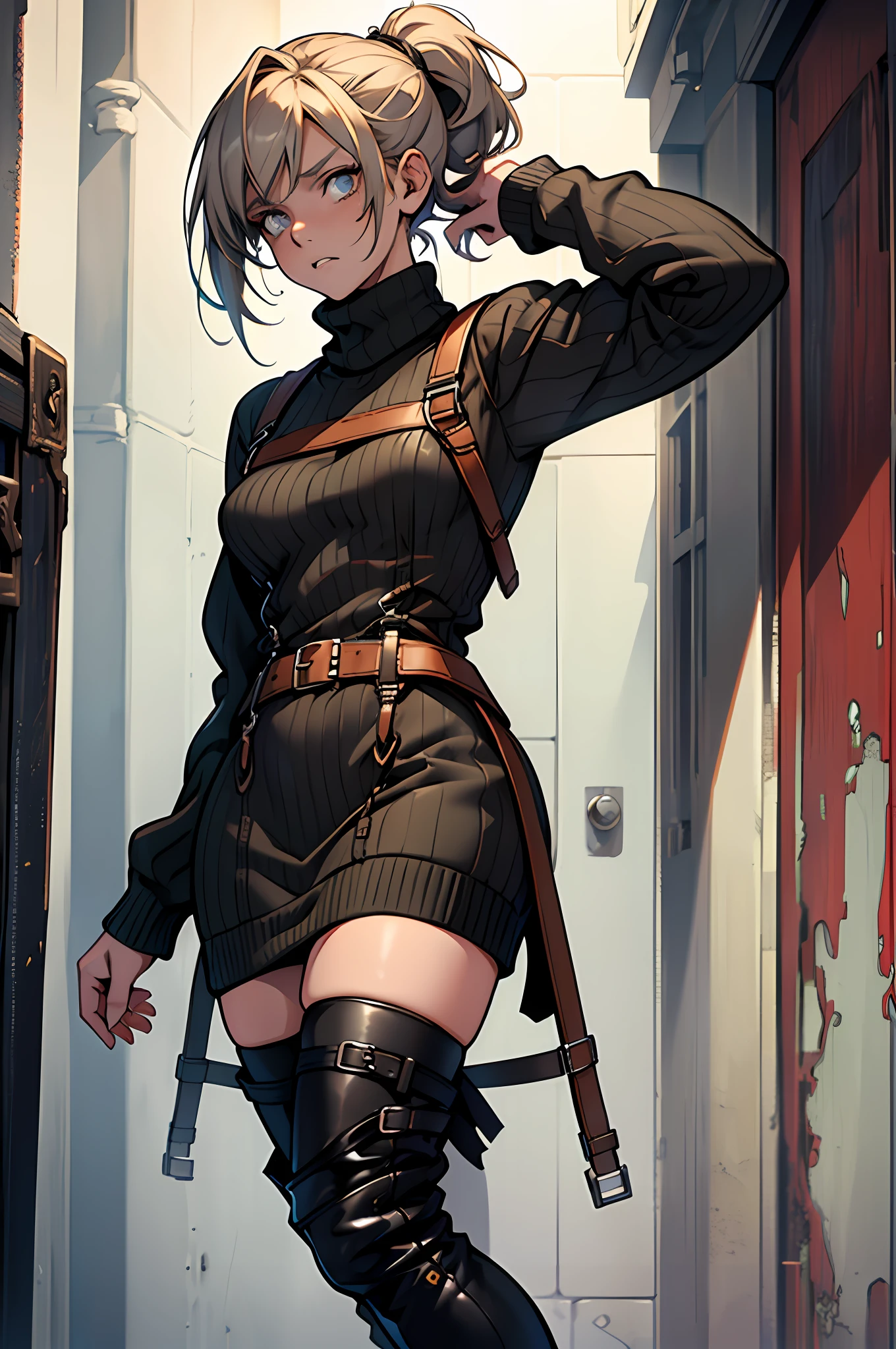 masterpiece, young, best quality, in zombie home, ((worried ..expression)) ,1girl, RE4, sweater dress, turtleneck, rad ribbed sweater, thigh high boots, harness, best quality, masterpiece, highres gorgeous design,  best quality