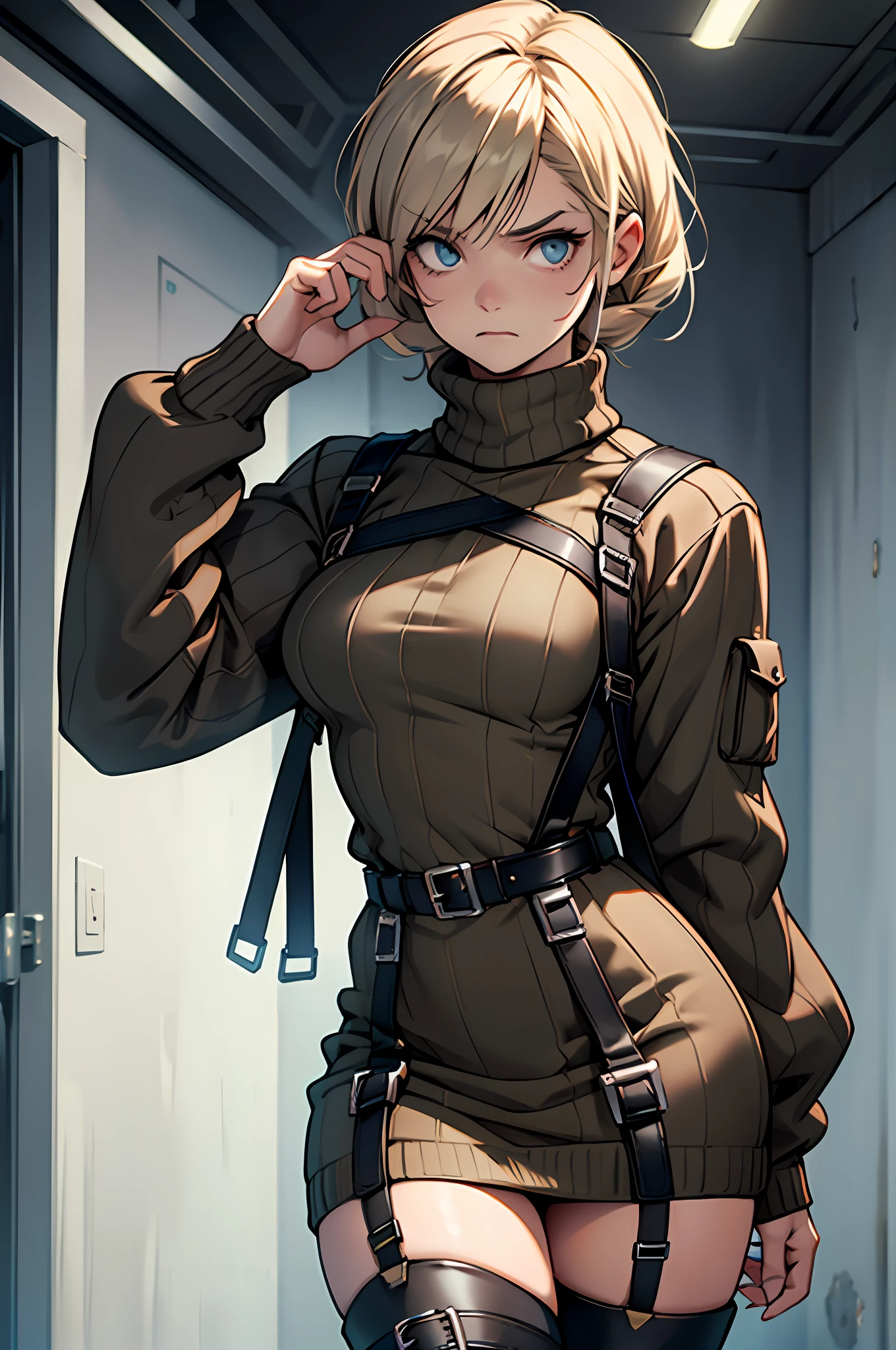masterpiece, young, best quality, in zombie home, ((worried ..expression)) ,1girl, RE4, sweater dress, turtleneck, rad ribbed sweater, thigh high boots, harness, best quality, masterpiece, highres gorgeous design, best quality