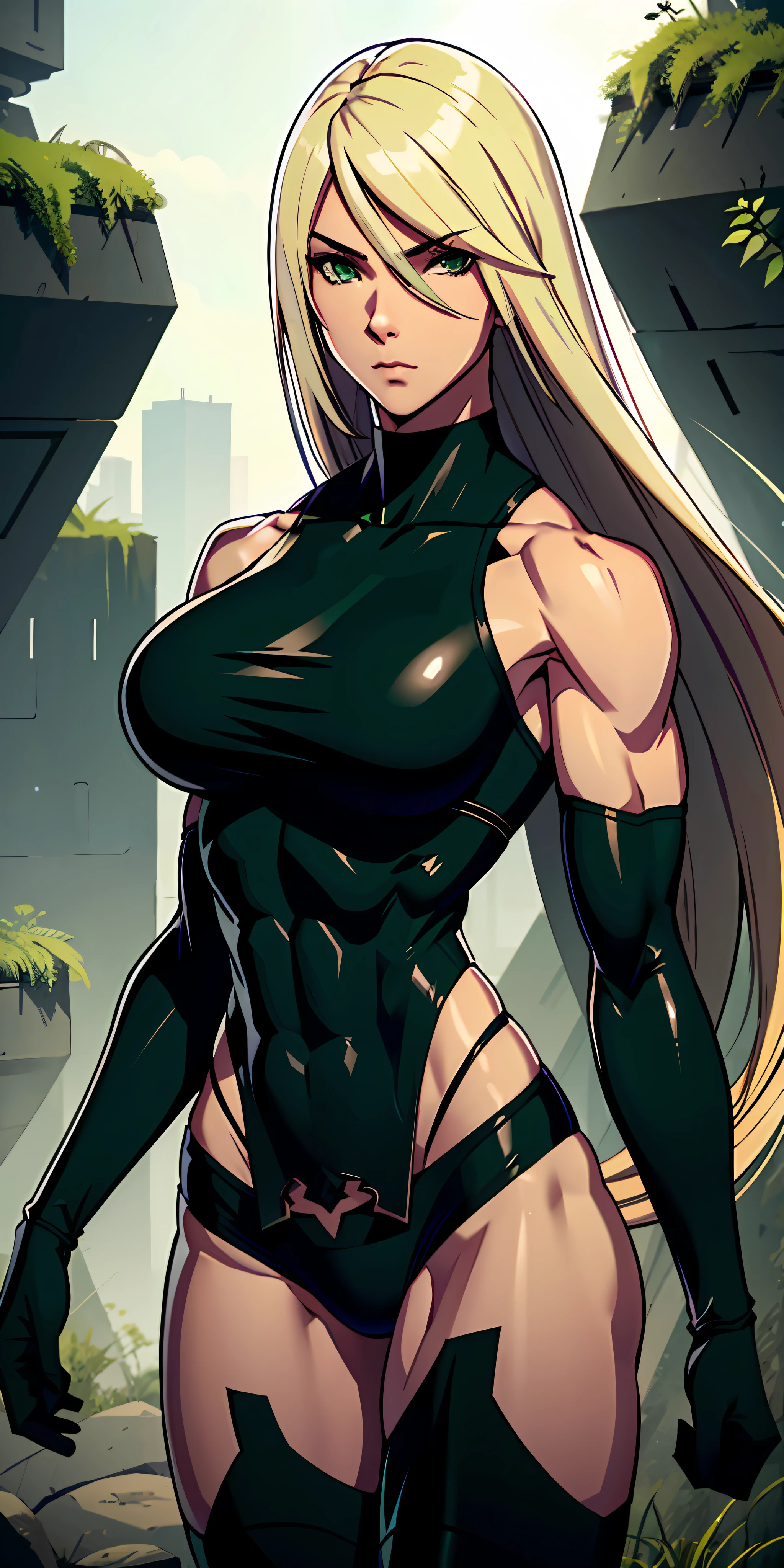 a ninja, beautiful face, serious face, long blonde hair, green eyes, perfect body, fit body, abdomen, large breasts, muscular, wearing a ninja outfit, Character A2 Nier automata