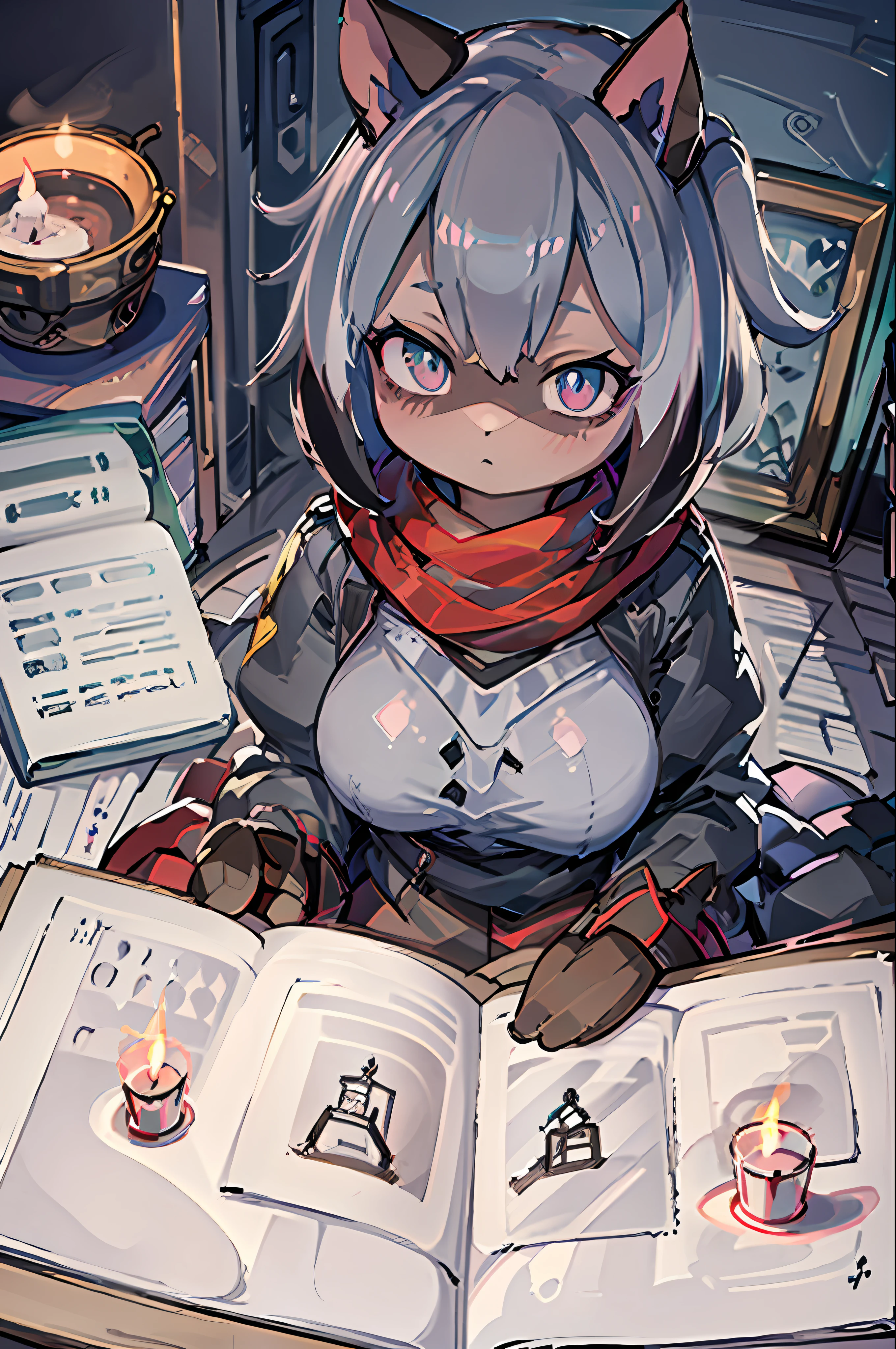 ((masterpiece, best quality)), a girl, white hair, breasts, hair_between_eyes, looking_at_viewer, medium_breasts, blue_eyes, short_hair, solo, stitches, multicolored background, from above, candlelight, red scarf, candle, candlestand, (black sword), reading books