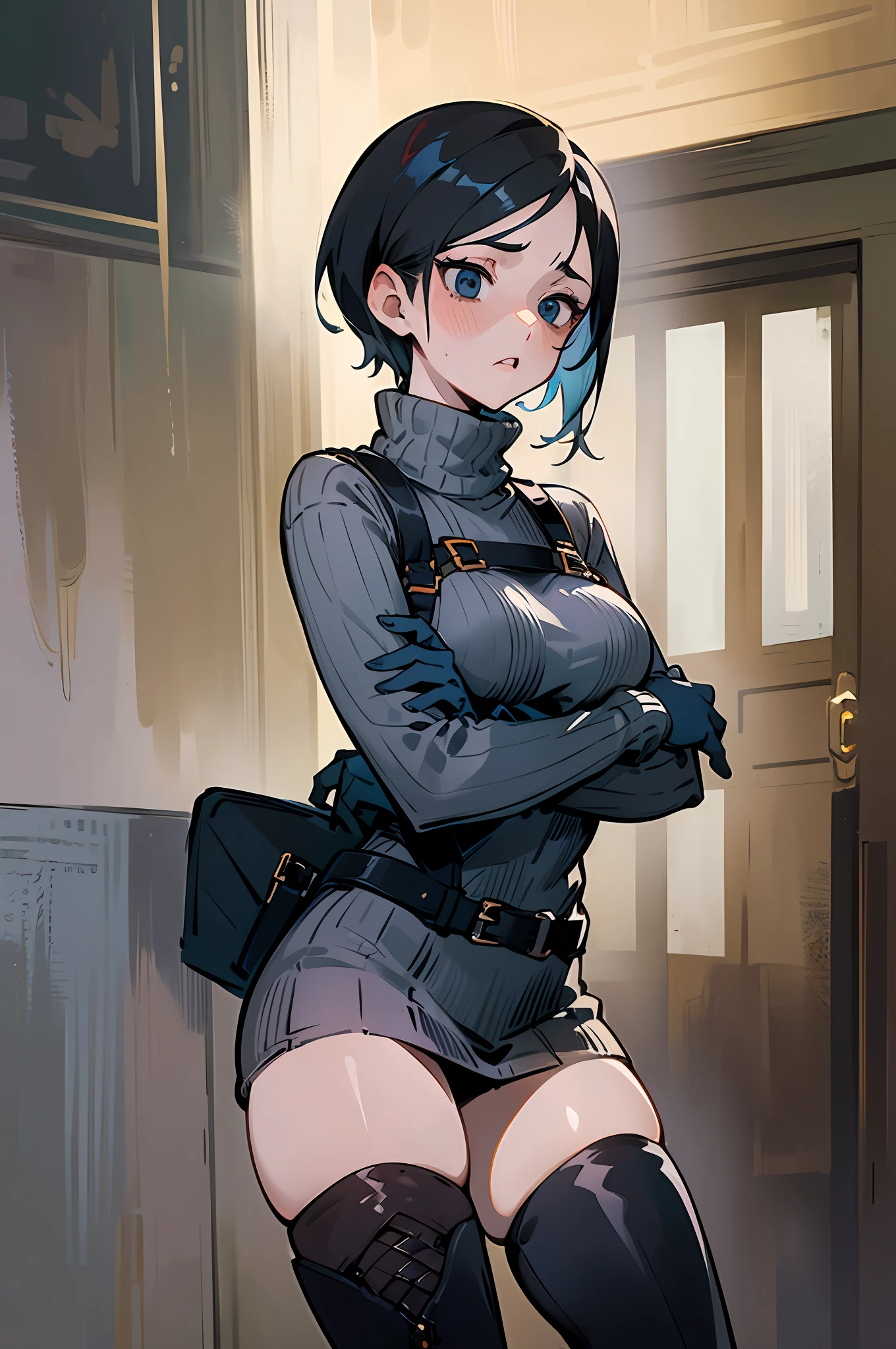 masterpiece, young, best quality, in zombie home, ((worried ..expression)) ,1girl, RE4, sweater dress, turtleneck, ribbed sweater, thigh high boots, harness, best quality, masterpiece, highres gorgeous design, best quality
