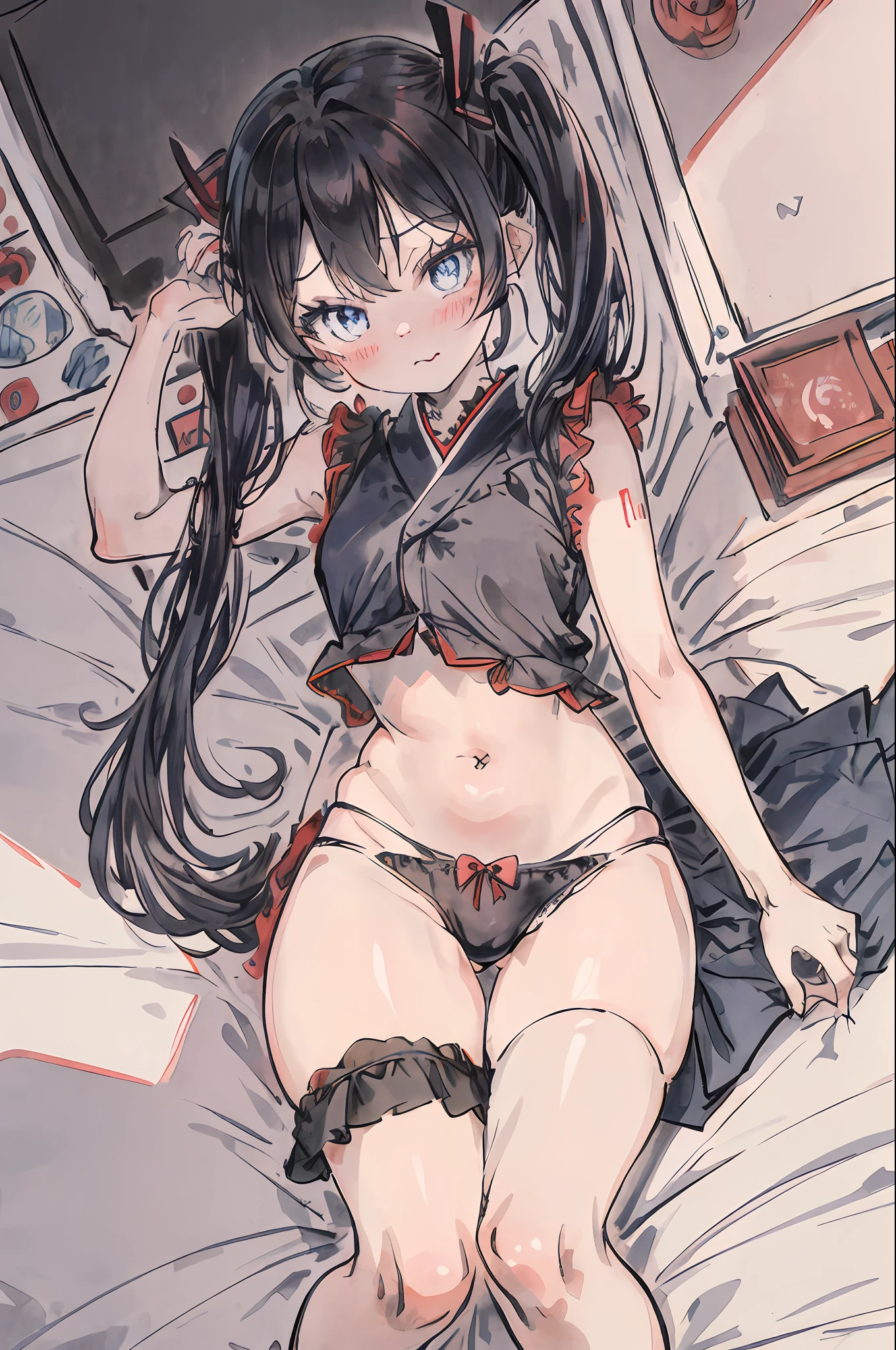miku with kawaii devil eyes hansol korea idol aoiroku kodomo 1girl, twintails, solo, single thighhigh, shirt, blue eyes, navel, underwear, panties, black hair, bow, skirt, thighhighs, looking at viewer, white panties, long hair, on back, blush, lying