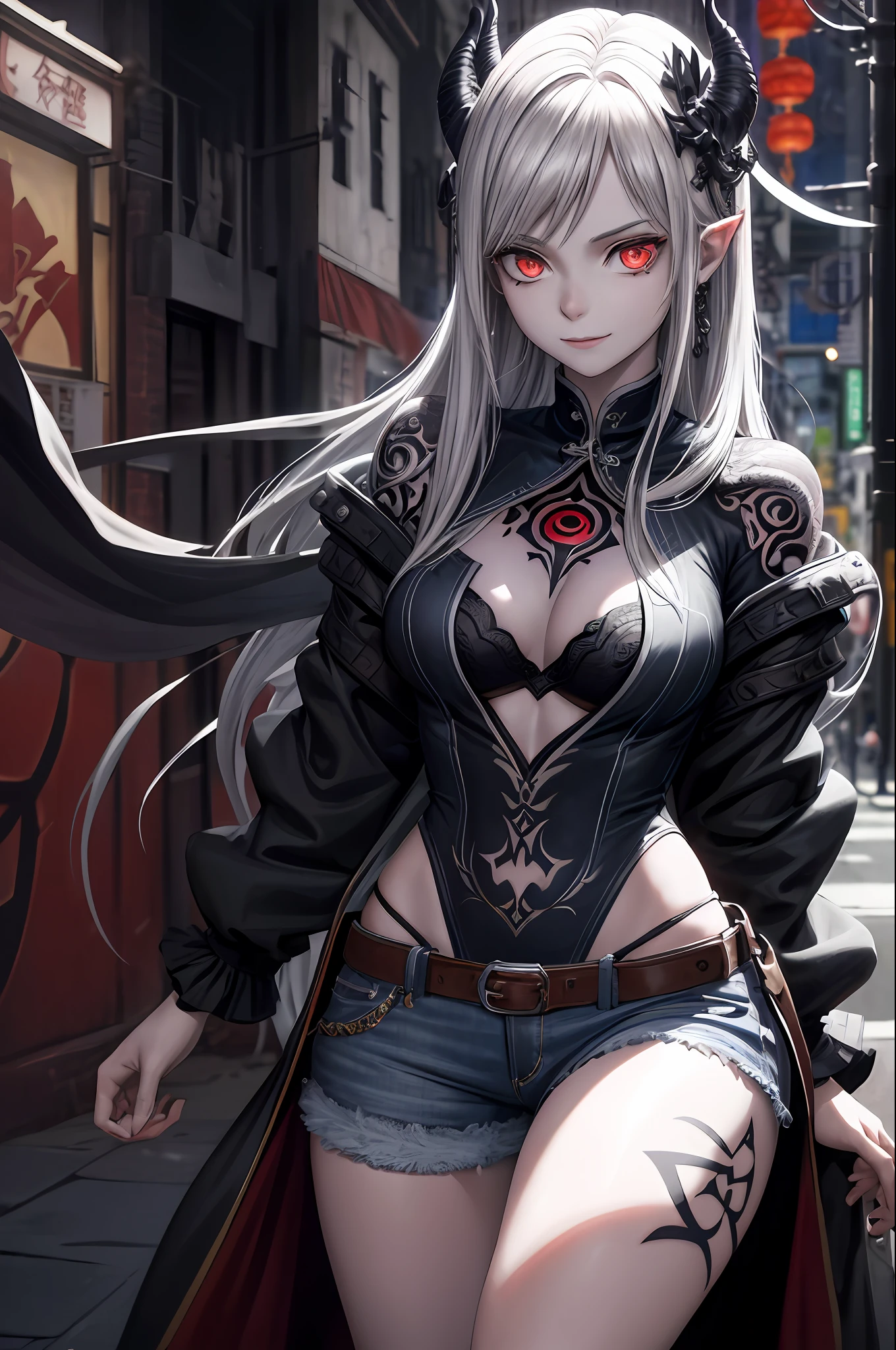 (Ashenhardt style:1.4), Masterpiece, Best quality, High quality,(Red eyes with dark red glow), (in profile), Abstraction, Deep Sea, Award-winning photography, Depth of field, HDR, Very detailed, Trending in art station, Trending in CGsociety, Complex, High detail,(Masterpiece: 1.2, highest quality), (Best lighting, very delicate and beautiful), (Best lighting, Very delicate and beautiful), (beautiful detailed face), (detailed eyes and detailed face:1.2), dark fantasy, (young girl, 1girl, solo, crazy smile, pale skin,G cup,cleavage,19 piercings,((tattoo all over body,tribal tattoo all over foot)) gray hair, red glowing eyes, dynamic angle, vampire), ((back Art paint on the ground, magic circle, graffiti on the wall)),(Get a demon to be summoned:1), ((in the Chinese streets)),(Magic circle to demon),Magic thunder, pointy_ears, Fangs,Blood on face,Blood rain,Blood mist,(Depth of field),High contrast,(Blood splash: 1.4),Cowboy shot,Full body,,Shorts,Jacket,Shirt,Shorts,Cowboy Shots,Denim Jackets,