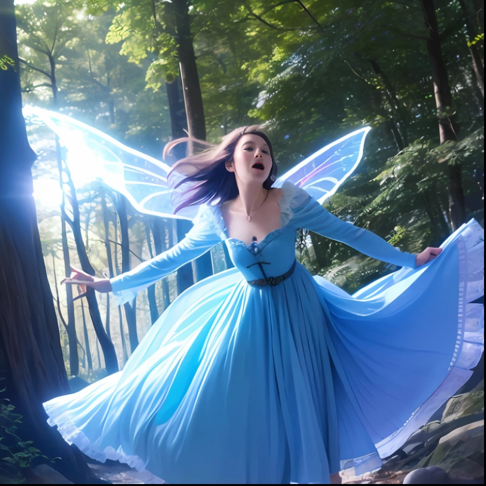 fantasy style,Action shot of a forest fairy calling forth forest creatures with mystical powers, the blue soft light