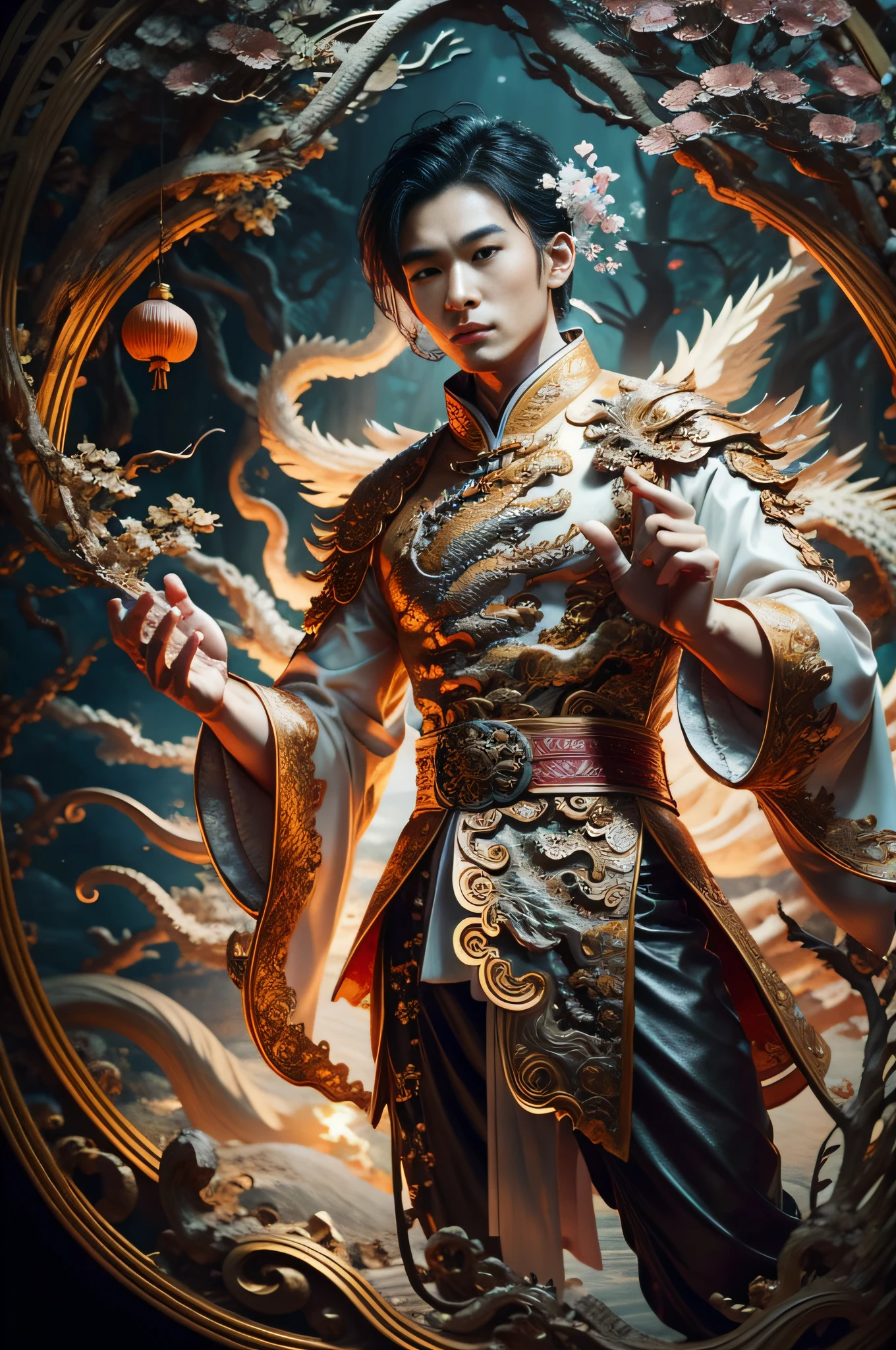 Handsome guy, 25 years old, Asian, master work, best picture quality, higher quality, high detail, super high resolution, (realistic: 1.4) 8k resolution, delicate facial features, boys, big muscles, tattoos, glowing eyes, short hair, gray hair, hair details, (full body: 0.8), detailed background , [[Look away, look to the side, emphasize homosexuality and pay attention to every detail , open Hanfu transparent tulle jacket, white rubber pants, (crotch bulge), , Fa gong, Chinese kung fu, fingerless gloves, Wristbands, dragon themed costumes, monk robes, dynamic composition,,, wood, wood background, very much wood, wood around the body, dead wood, lots of branches background, Chinese wood carving, wood carving modeling crafts, holding wood carving magic vessels, night