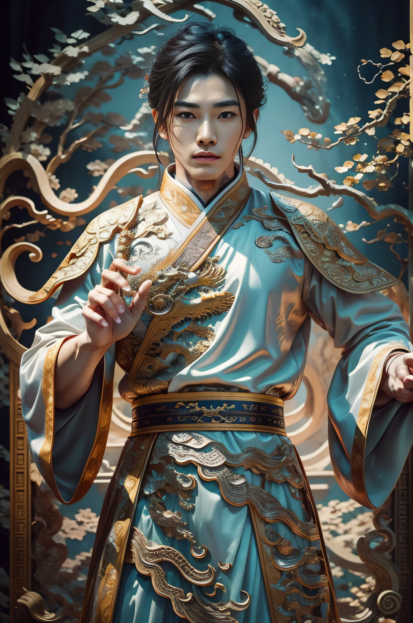 Handsome guy, 25 years old, Asian, master work, best picture quality, higher quality, high detail, super high resolution, (realistic: 1.4) 8k resolution, delicate facial features, boys, big muscles, tattoos, glowing eyes, short hair, gray hair, hair details, (full body: 0.8), detailed background , [[Look away, look to the side, emphasize homosexuality and pay attention to every detail , open Hanfu transparent tulle jacket, white rubber pants, (crotch bulge), , Fa gong, Chinese kung fu, fingerless gloves, Wristbands, dragon themed costumes, monk robes, dynamic composition,,, wood, wood background, very much wood, wood around the body, dead wood, lots of branches background, Chinese wood carving, wood carving modeling crafts, holding wood carving magic vessels, night
