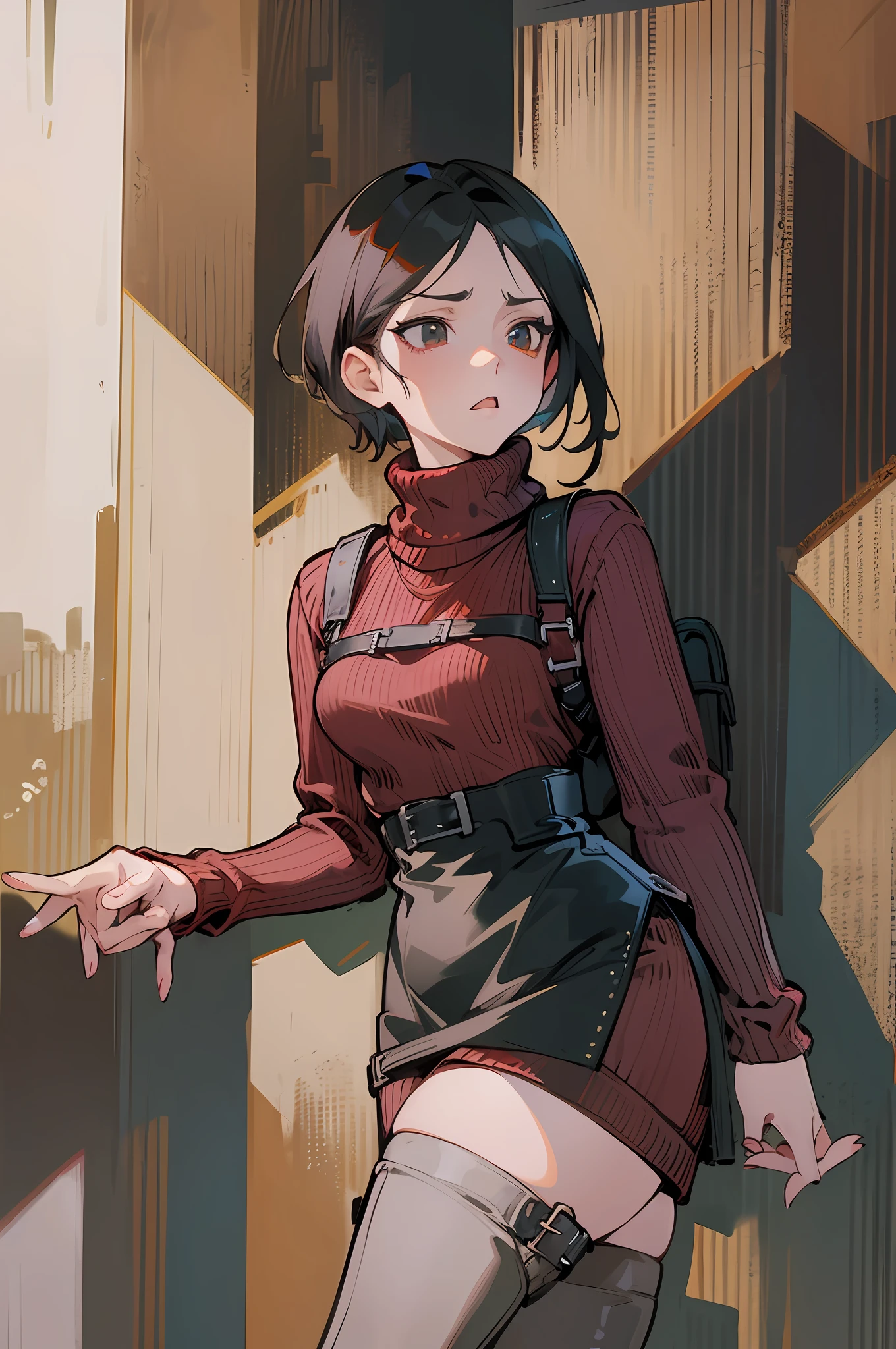 masterpiece, young, best quality, in zombie home, ((Courageous expression)) ,1girl, RE4, sweater dress, turtleneck, Red ribbed sweater, thigh high boots, harness, best quality, masterpiece, highres gorgeous design, best quality