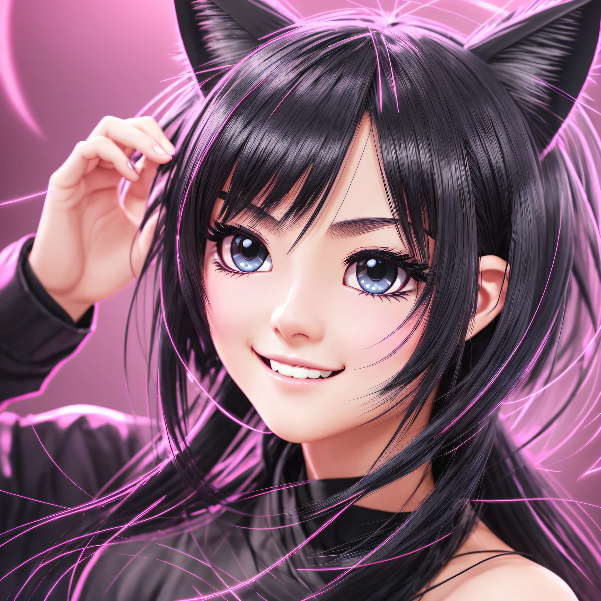 black hair, hair bobbles, wince, longeyelashes, solid circle eyes, fake animal ears, light smile, ear blush, fang, drop shadow, anaglyph, stereogram, tachi-e, pov, atmospheric perspective, 8k, super detail, ccurate, best quality --auto --s2