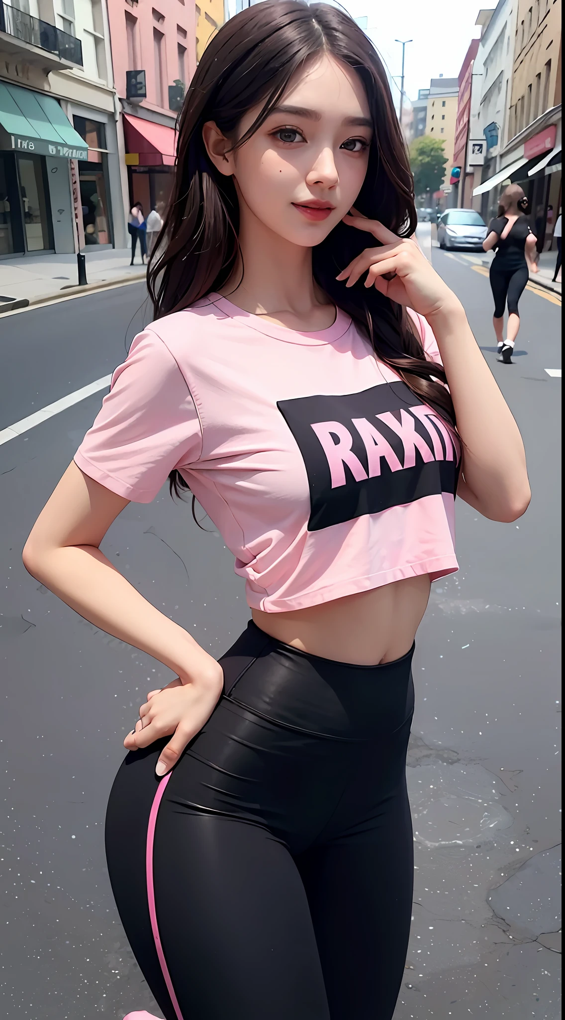 (hyperrealistic), (illustration), (high resolution), (8K), (extremely detailed), (best illustration), (beautiful detailed eyes), (best quality), (ultra-detailed), (masterpiece), (wallpaper), (detailed face), solo, 1 girl, white wavy hair, korean, heterochromic eyes, small moles under the eyes, pink t-shirt on top, black yoga pants underneath, long legs, tight abs, no leaky chest, background on street, standing, black yoga pants, smile, pink t-shirt, yoga pants