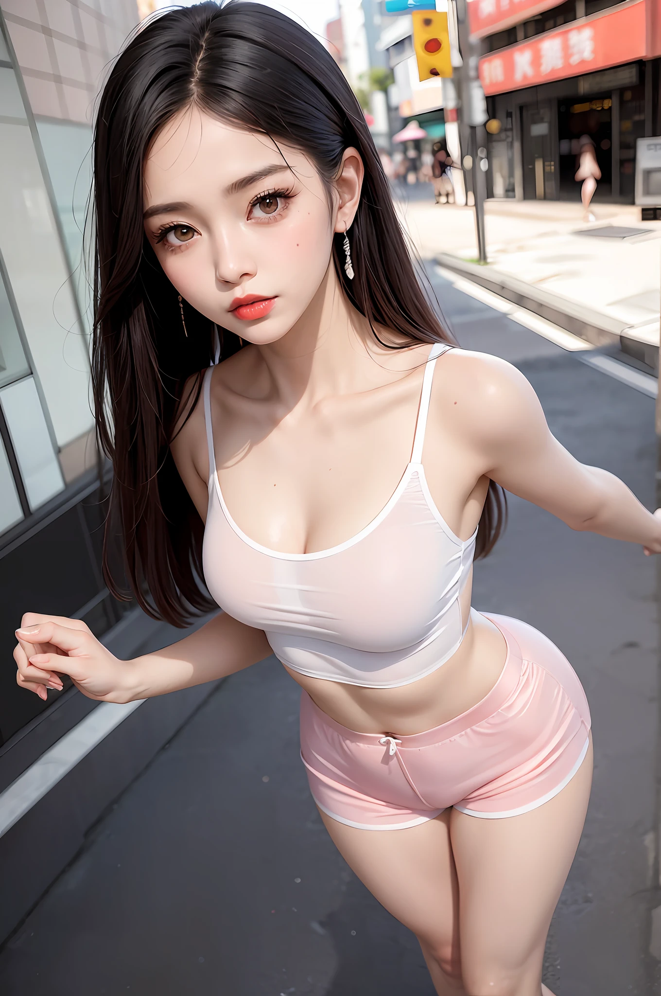Gentle and beautiful woman, half body photo, delicate and sexy collarbone, charming oval face, double eyelids, smart peach blossom eyes, pink lips, small nose, bare shoulders, focused face, face close-up, ultra-high-definition, super Details, elegant standing, gray Hong Kong style retro chic suit for women summer loose Korean version of ins fried street short-sleeved shorts casual sportswear two-piece set