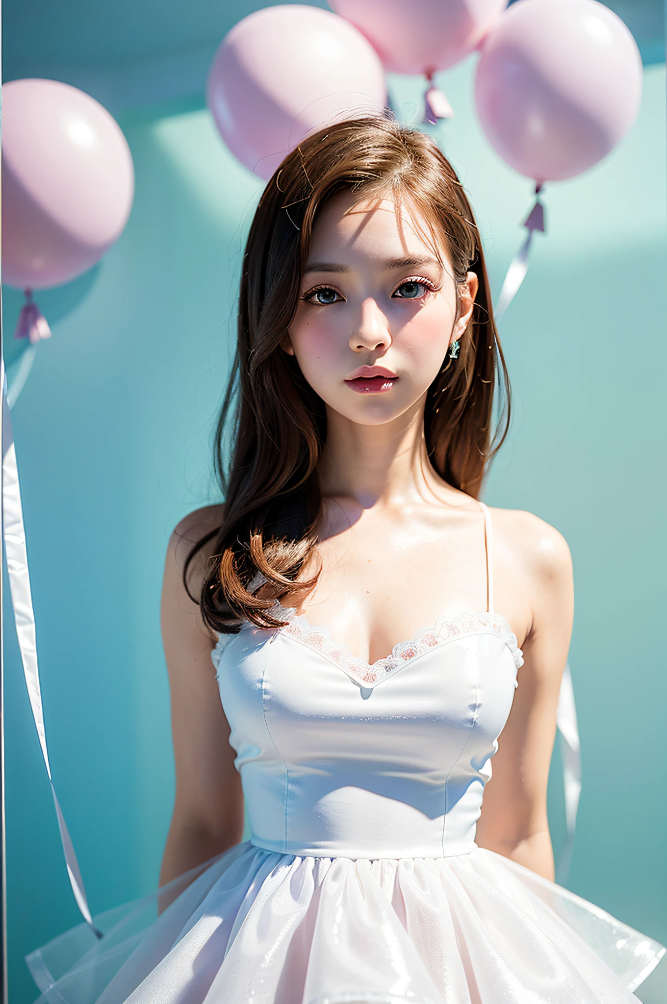 (MASTERPIECE:1.2),(CGI ART:1.3),(REALISTIC:1.5),(POST PROCESSING:1.3),(SHARP FOCUS:1.3),8K,1 girl in bedroom, ((UPPER BODY)), ((white dress)), (((shiny skin))), (wide shot:1.4), window, (((Pastel balloons MESS IN BACKGROUND))), (high shadows detail) , (ILLUSTRATION:1.2), (ulzzang-6500:1.0), ((HDR)),