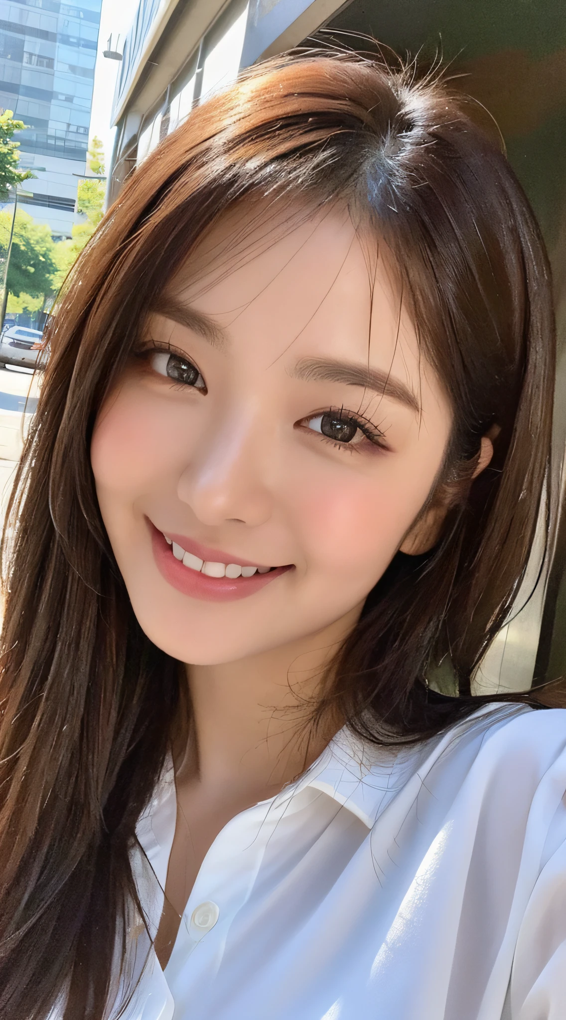 ((Best Quality, 8K, Masterpiece: 1.3)), Sharp Focus: 1.2, A Beautiful Woman with Perfect Figure: 1.4, Slim Abs: 1.2, (Layered Hairstyle,: 1.2)), (Wet White Button Long Shirt: 1.3), Rain: 1.3, Street: 1.2, Wet Body: 1.1, Highly Detailed Face and Skin Texture, Detailed Eyes, Double Eyelids, Big Breasts, Smile,