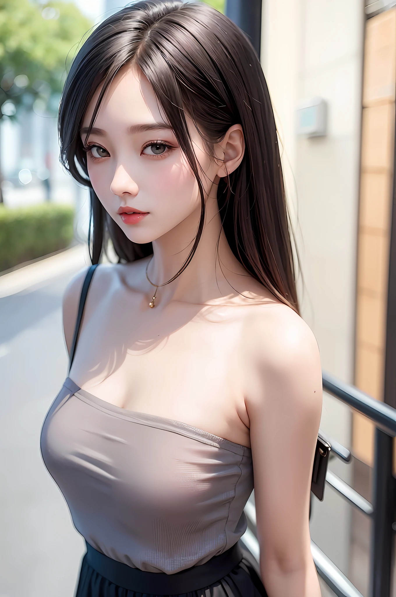 Gentle and beautiful woman, half body photo, delicate and sexy collarbone, charming oval face, double eyelids, smart peach blossom eyes, pink lips, small nose, bare shoulders, focused face, face close-up, ultra-high-definition, super Details, elegant standing, gray Hong Kong style retro chic suit for women summer loose Korean version of ins fried street short-sleeved shorts casual sportswear two-piece set