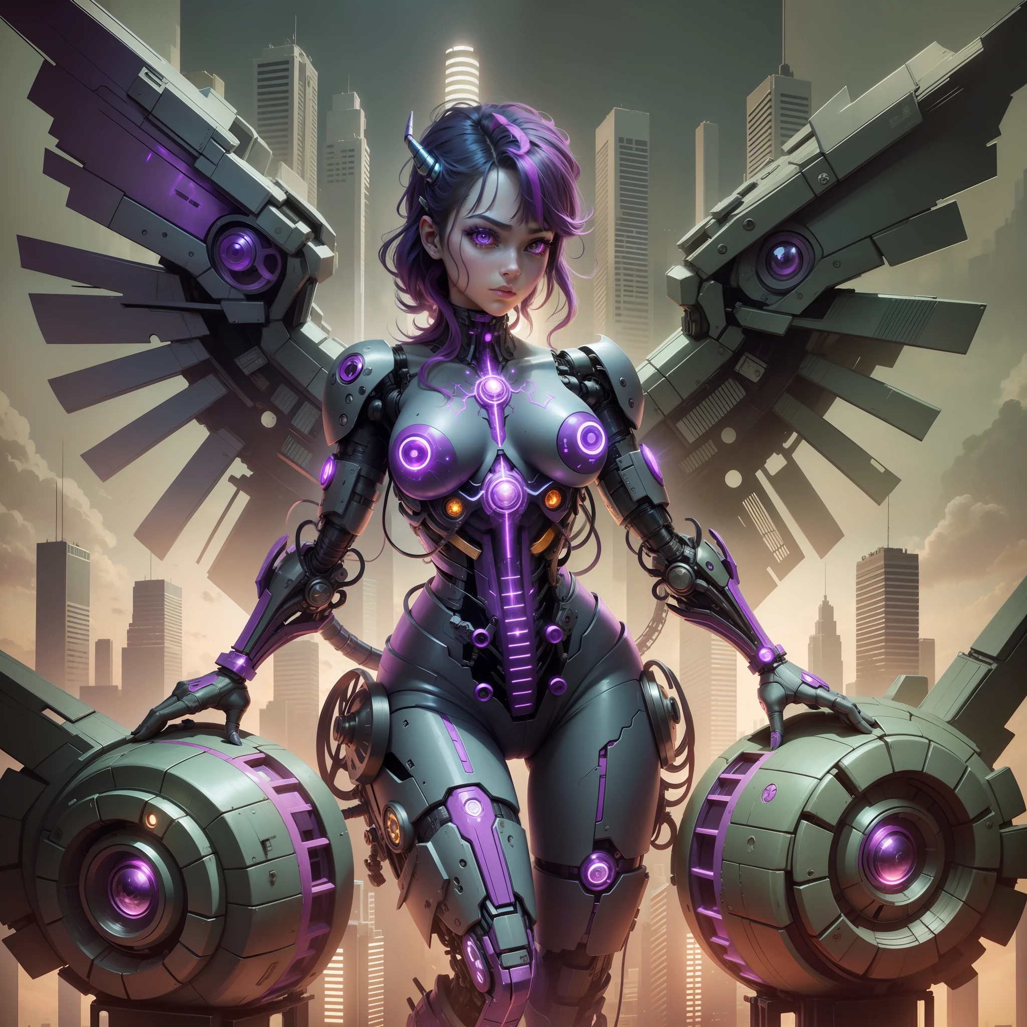 Twilight Sparkle Cyborg Girl, Twilight Sparkle of My Little Pony, Bio Organism, Not Human, Mechanical Parts, Mechanical Purple Wings, Metal Wings, Bionic Body Parts, Red Glowing Eye, Full Growth, Full Body, Very Detailed, Ultra 8k Quality, Broken Parts, Holes in Mechanisms, Cybernetic Organism, City Ruins, Lots of Purple and Pink, Purple Lights, Lots of Magic
