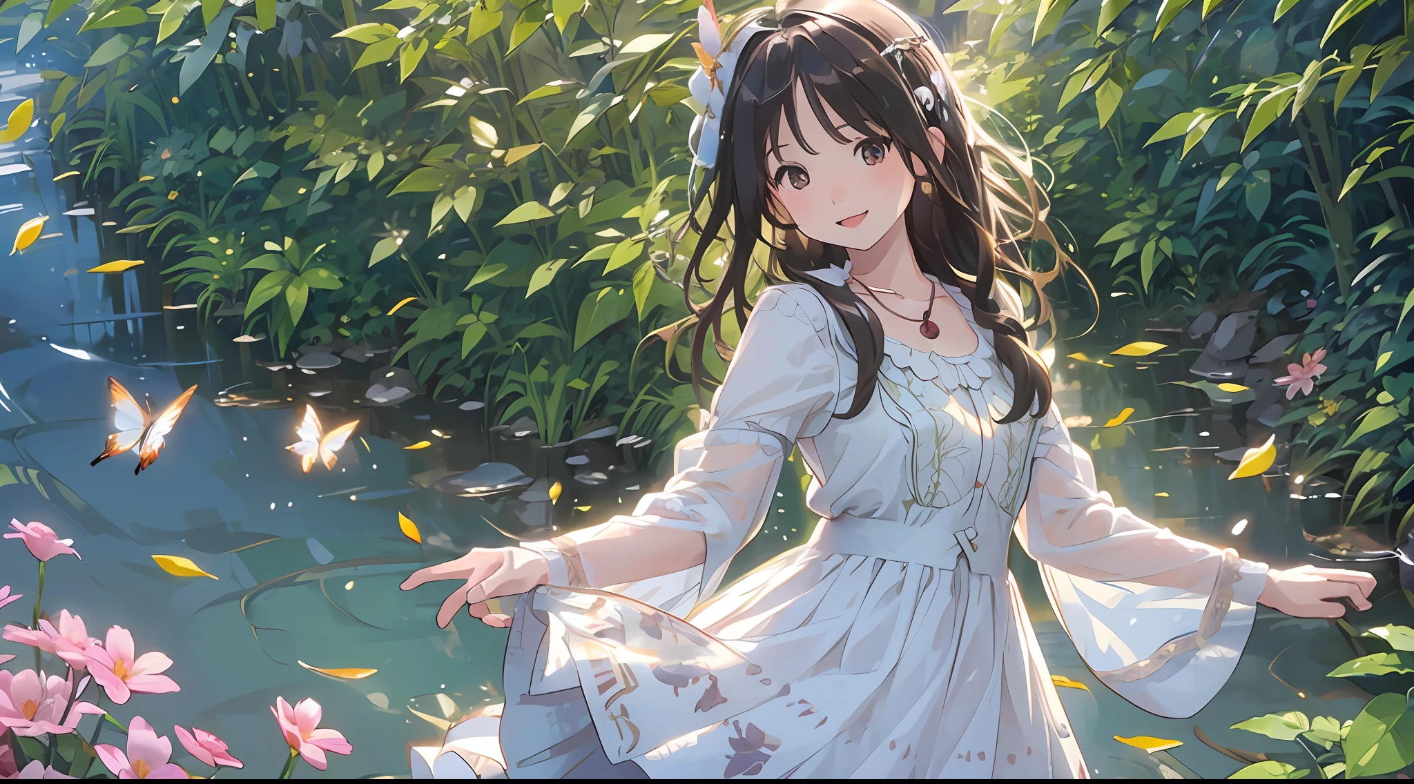 ((SFW)),Masterpiece,(High Quality),(Photoreal))),(Cinematic Direction),(High Contrast),(Depth of Field: 1.2)(Award-winning difference photo),Face details,Detailed drawing,There is a place in the forest where flowers bloom, Girl dancing in a snow-white summer dress in the flower field,Animals are happily jumping around the girl, Colorful little birds and butterflies flying around the girl,The girl is ,Black hair very long hair,Flower crown, full body figure, summer sky, summer clouds, summer dazzling sunlight, flower garden, girl with open arms, dancing, necklace, smile, smile, happy, fun, girl looking up at the sky, deer, flapping duck, flapping goose, hummingbird, European bulbul, kingfisher, European orli, butterfly, dazzling halo light, (dazzling glow: .1.4, (glow: 1.3), backlit, (colorful petals soar in the wind: 1.4), strong wind,