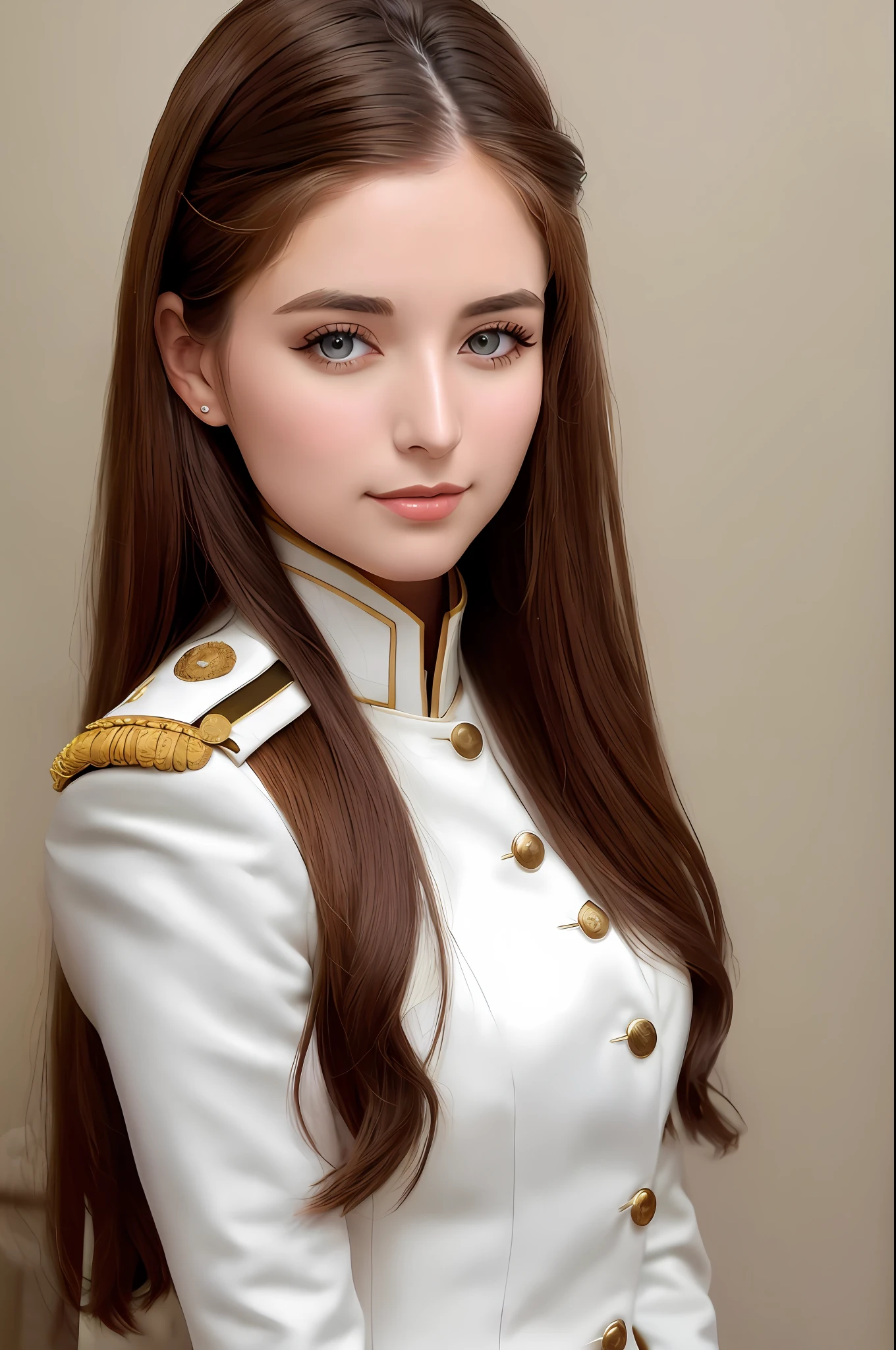 Beautiful women in a white army officer's uniform, sandy brown hair, hazel eyes