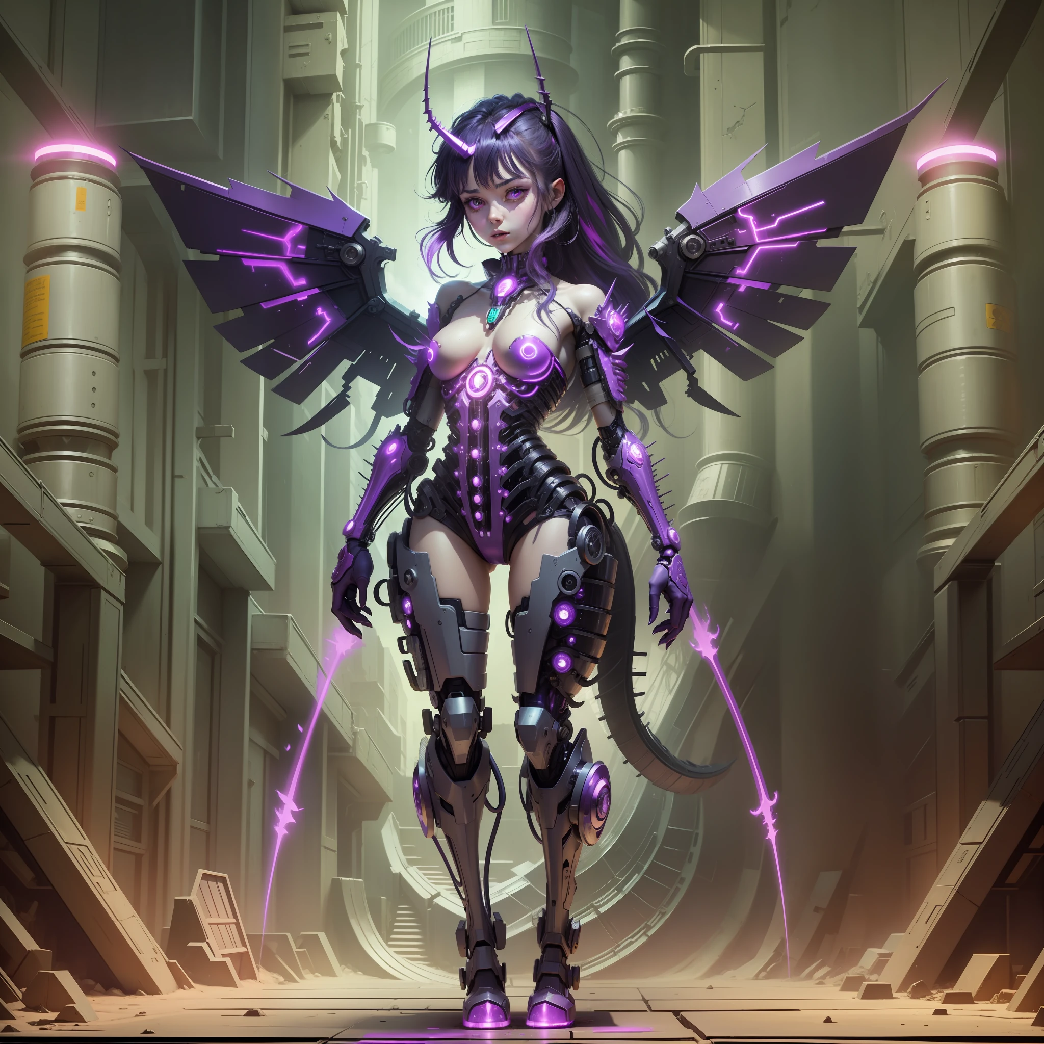 Twilight Sparkle Cyborg Girl, Twilight Sparkle of My Little Pony, Bio Organism, Not Human, Mechanical Parts, Mechanical Purple Wings, Metal Wings, Bionic Body Parts, Red Glowing Eye, Full Growth, Full Body, Very Detailed, Ultra 8k Quality, Broken Parts, Holes in Mechanisms, Cybernetic Organism, City Ruins, Lots of Purple and Pink, Purple Lights, Lots of Magic