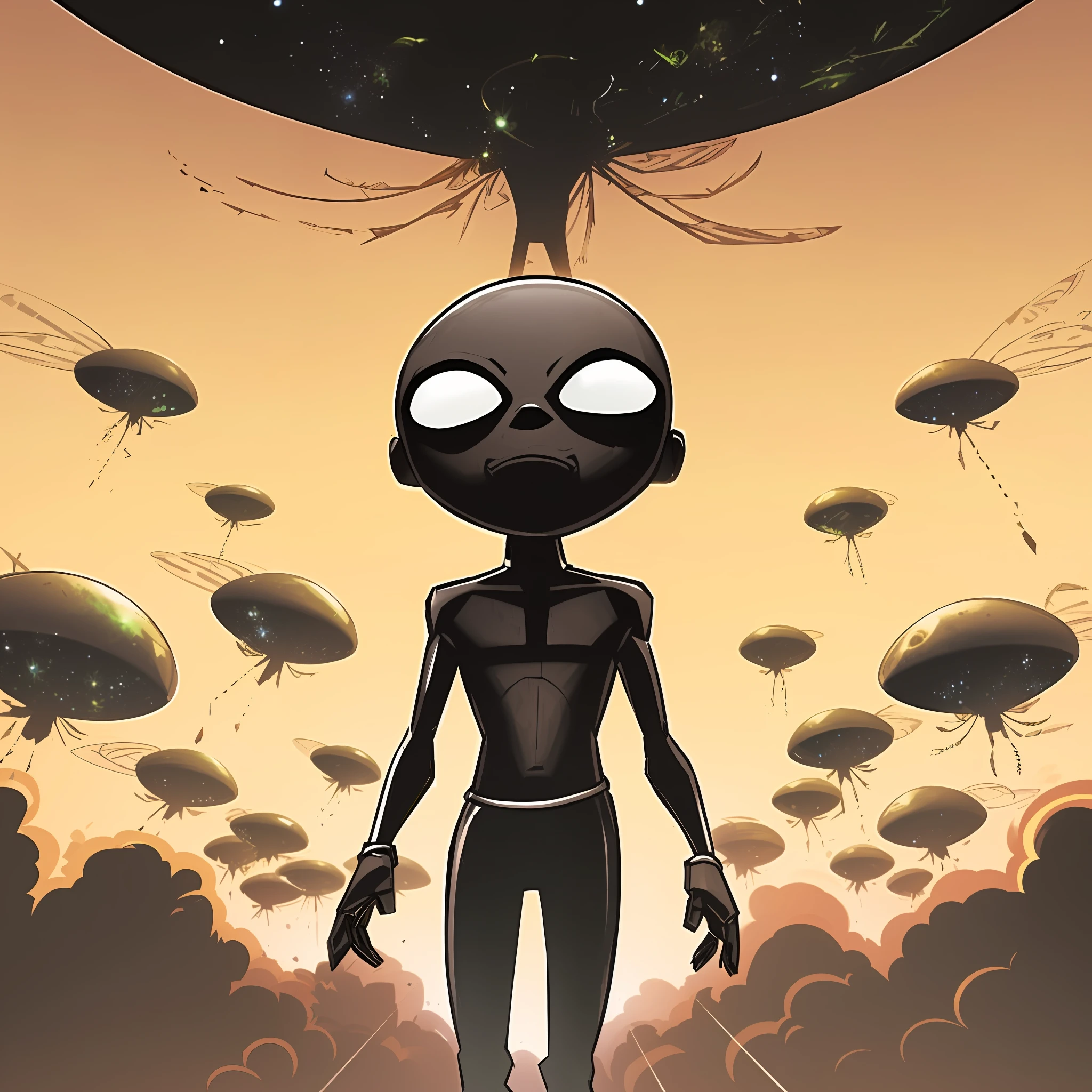 cartoon of a man standing in front of a group of flying insects, extraterrestrials reach for him, rafael albuquerque comic art, invader zim, space alien, gray alien, grey aliens, joe gb fenton, alien forms, an alien, extraterrestrial, alien hybrids, alien design, from rick and morty, caring alien life form, alien art --auto --s2