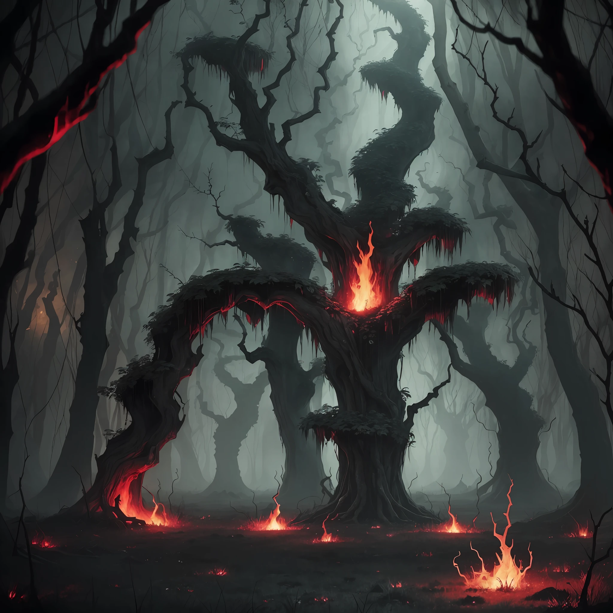 In this scene, I imagine myself in a demonic territory and thrown into hell. It was darkness in front of me, only the faint glow of lava and flames, allowing me to see my surroundings. The air was filled with sulfur and toxic gases that made it difficult for me to breathe.

Walking a little further, I saw a twisted tree. These trees are not like the trees you usually see, their branches and trunks twist into strange shapes, exuding an aura of toxicity and evil. The first time I saw trees like this, it made me feel very unusual, as if they were a plant infected by dark energy.

Walking some way forward, I saw some grass, but they were not green, but black and red. These meadows are overgrown with twisted, deformed plants with sharp thorns and barbs that are very disturbing. These plants and meadows remind me of a demon botanical garden that does not exist on Earth, and I am shocked.

Surrounded by ghosts and demons, they made all kinds of terrible roars, moans and cries that made me feel very scared. It is a dark place devoid of life and light, only pain, horror and demons. In this hell, no life and no plants should exist, but there are some twisted and mutated plants in this scene, which makes me feel very uneasy and surprised. --auto --s2