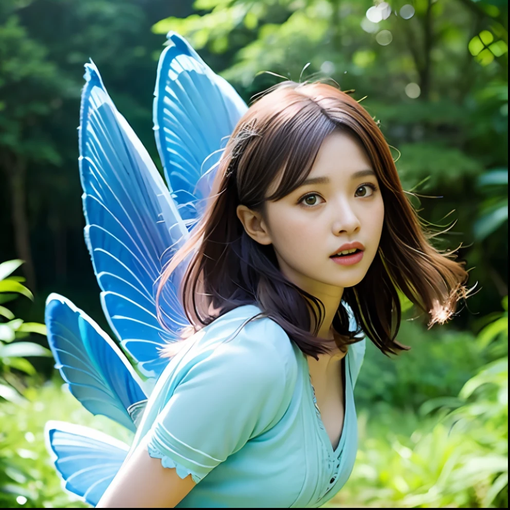 fantasy style,upper body,Action shot of a forest fairy calling forth forest creatures with mystical powers, blue soft light