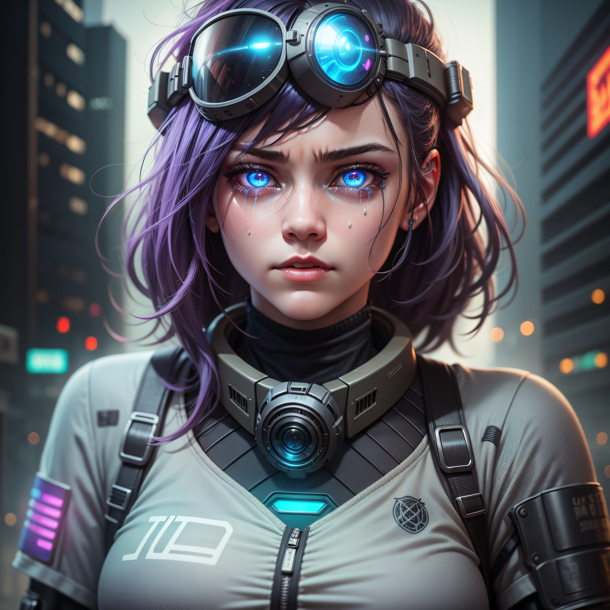 Cyberpunk girl, single sidelock, goggles on headwear, glowing eyes, tears, pain, high detail, Futurism, Realism, ray tracing, cinematic lighting, UHD, 16k