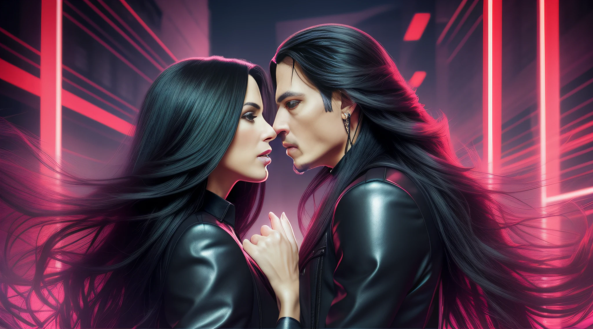 couple kissing. Kate Beckinsale with Johnny Depp (with incredibly intricate, ultra-detailed, CG, 8k wallpaper-like, long black hair), (masterpiece), (realistic), (photorealistic: 1.2), (raw photo: 1.2), (best quality: 1.2), (detailed face: 1.4), (beautifully detailed eyes: 1.2), (elaborate hair), face illuminated by light, enormous file size, dramatic cinematic lighting. rays of light emanating from her hands, strong and striking expression. She has fair skin, very smooth and fine, extremely long black hair. She is wearing an attractive futuristic black and red vinyl jumpsuit, cyber-punk style.Rave, eletronic music, city lights. --auto --s2