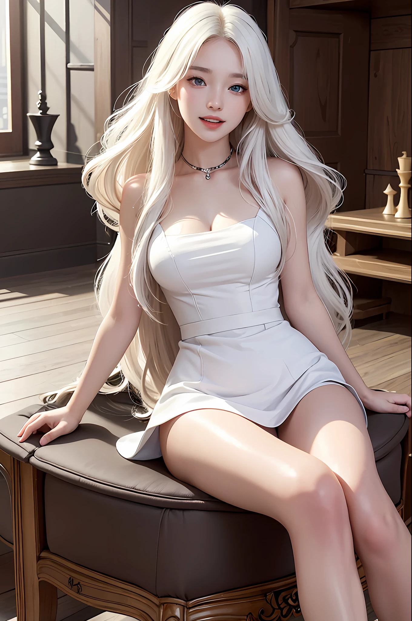 realistic, high resolution, 1 girl, white wavy hair, korean, heterochromia, witch, sitting, chess, indoors, evil laugh, upper teeth,
