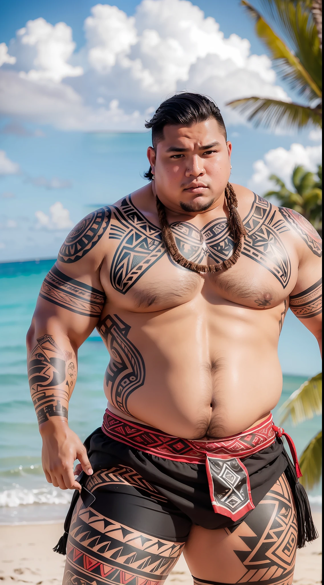 young fat beefy Polynesian in traditional costume, solo man, full body, shirtless, tattooed, at beach, low angle,