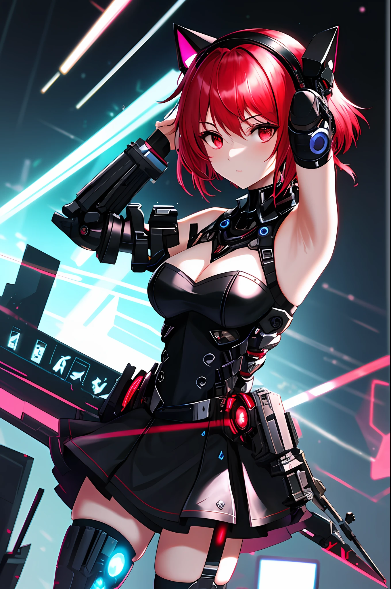 Absurdity, intricate details, highly detailed 8K wallpaper, (transcendent beautiful girl: 1.5), BREAK, scarlet hair, short hair, (exoskeleton mini dress), (red eye: 1.1), BREAK, (mechanical joints, mechanical limbs: 1.4), perfect five fingers, break, armpits, absolute area, (cat ear headphones), (black mini skirt), cyberpunk, dynamic angle, Neon glowing city,