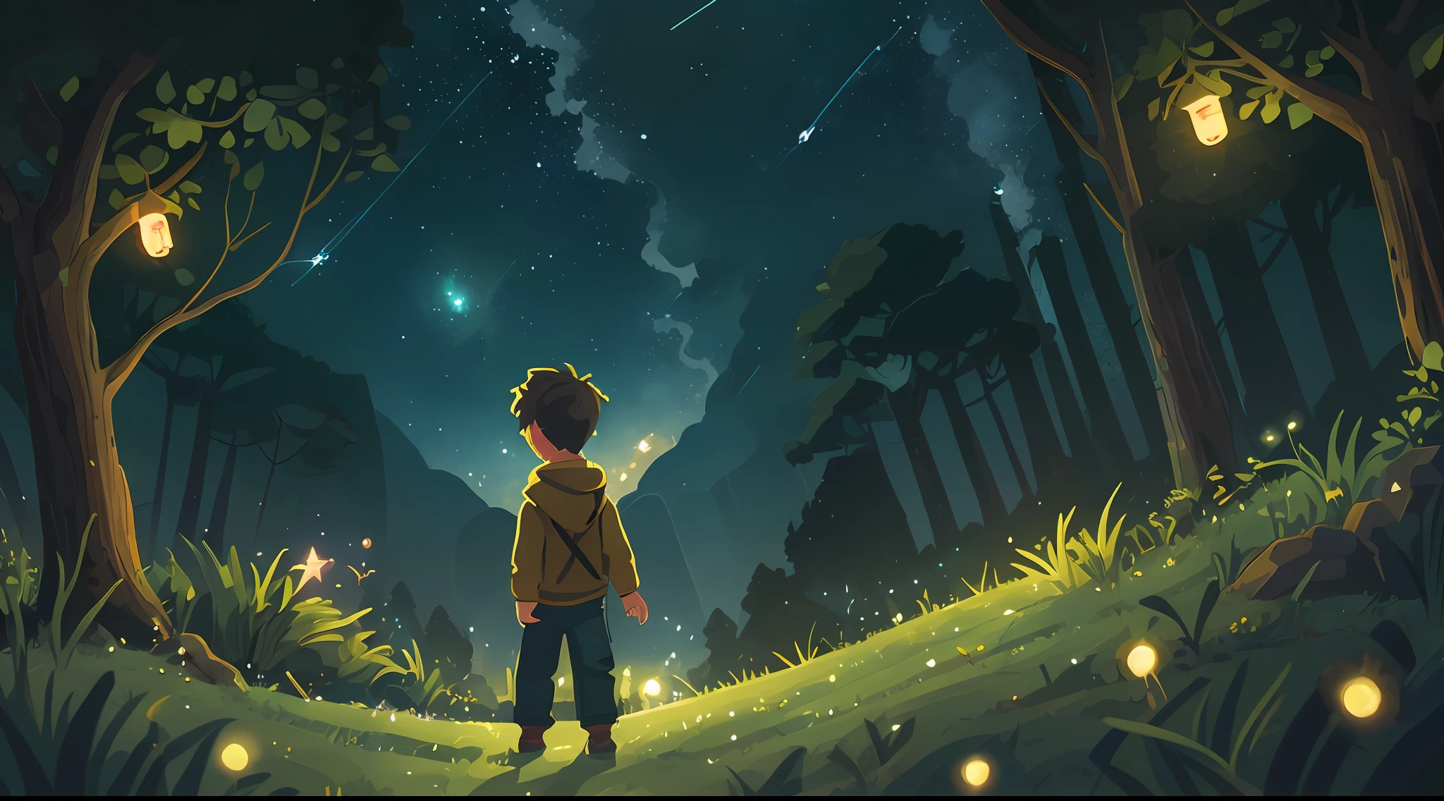 there is a boy standing in the woods looking at the stars, background artwork, childrens art in artstation, calm night. digital illustration, makoto shinkai cyril rolando, 4 k hd illustrative wallpaper, a beautiful artwork illustration, inspired by Goro Fujita, atey ghailan 8 k, lofi art, concept art of single boy