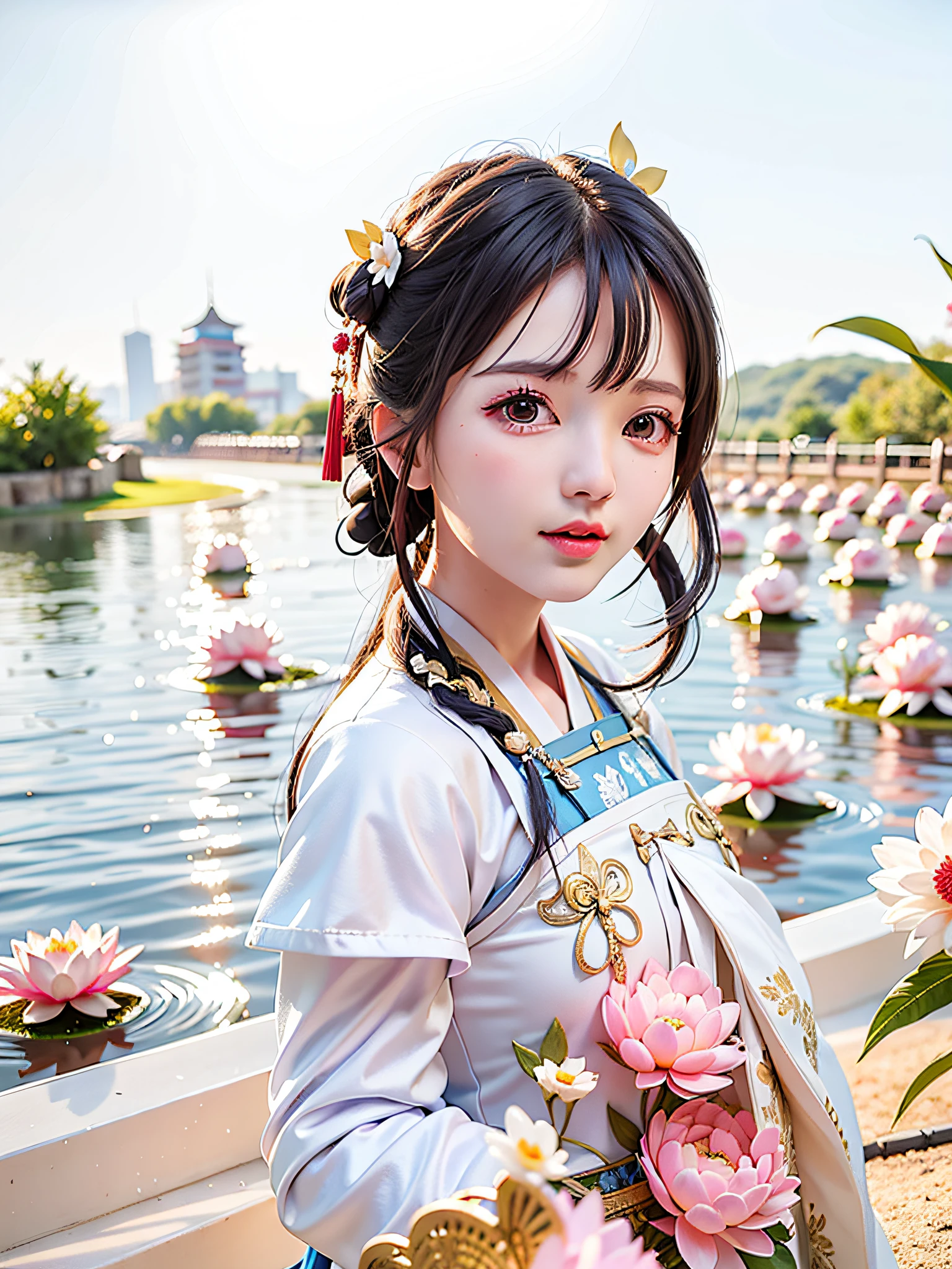 Wearing silk Hanfu, the background is blue sky, there are zongzi, lotus flowers, zongzi, sunshine, Dragon Boat Festival --auto --s2