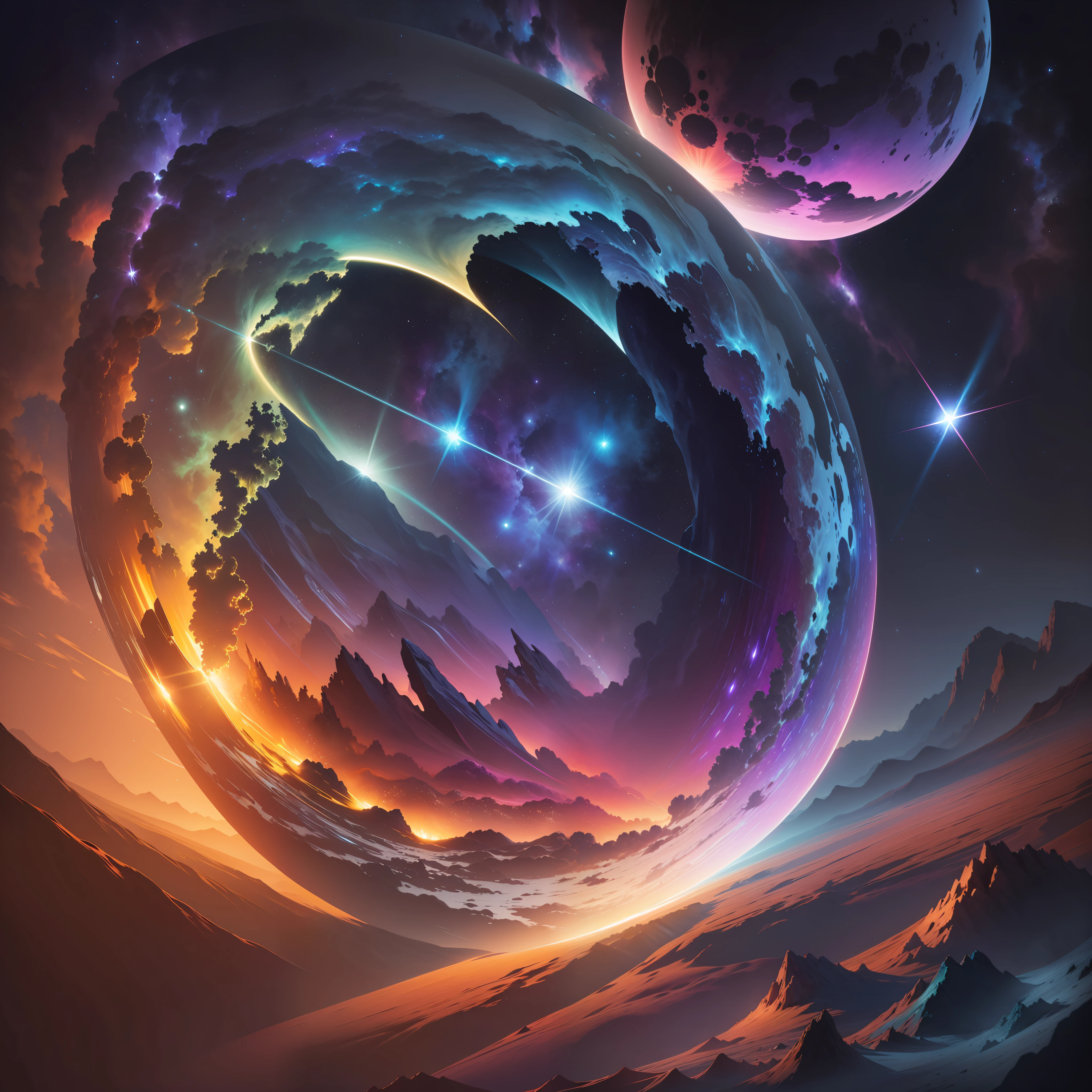 Vast landscape photos, runes around the sun, (sun: 1.2), (meteors: 0.9), (nebula: 1.3), break production art, intricate details, volumetric lighting, realism break (masterpiece: 1.2), (best quality), 4k, ultra-detailed, (dynamic composition: 1.4), very detailed, colorful details, (iridescent colors: 1.2), (luminous lighting, atmospheric lighting), dreamy, magical, (solo: 1.2)