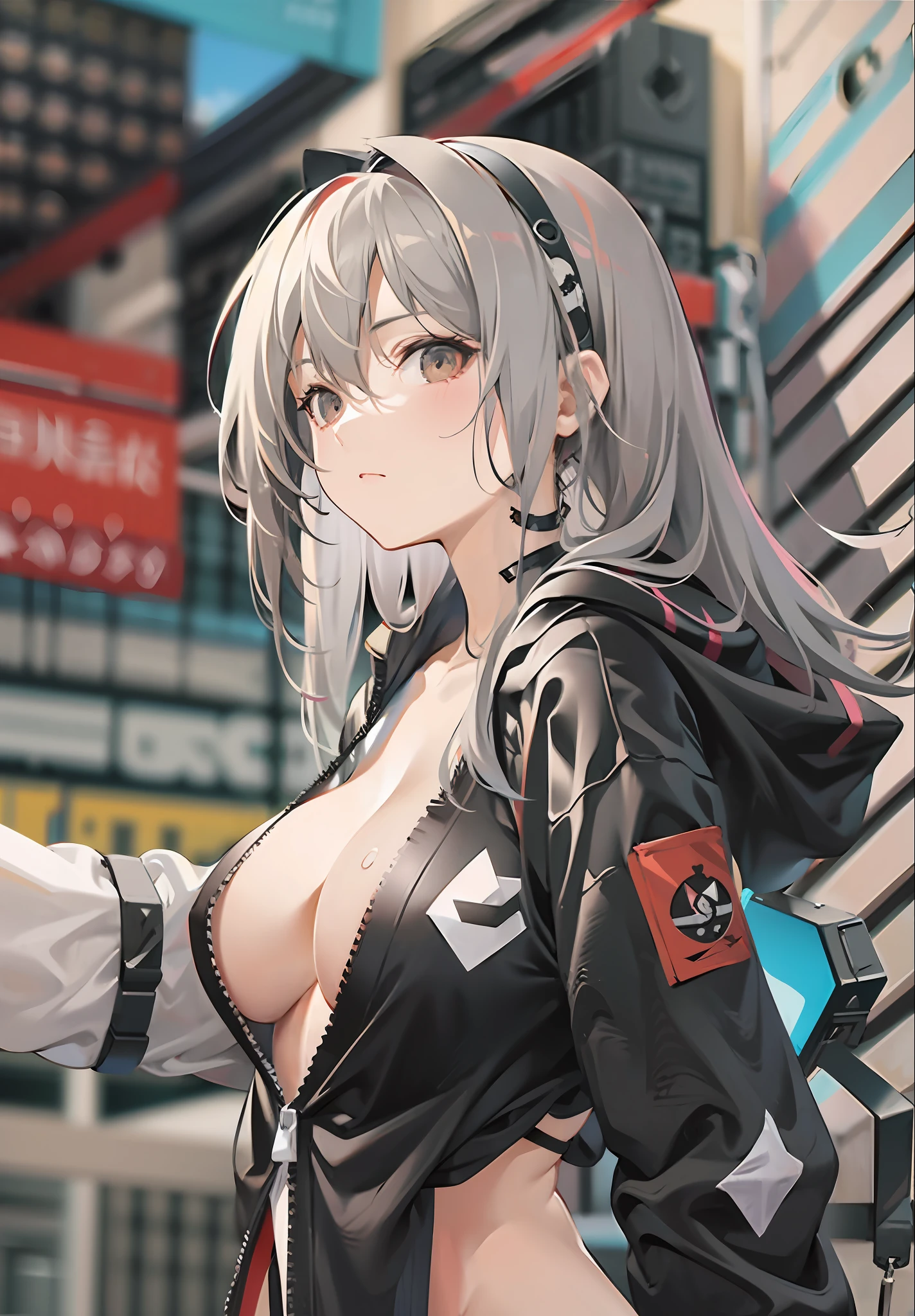 Long legs, long hair, gray hair, cyberpunk, depth of field, blurred background, thong, nudity, big breasts, cleavage