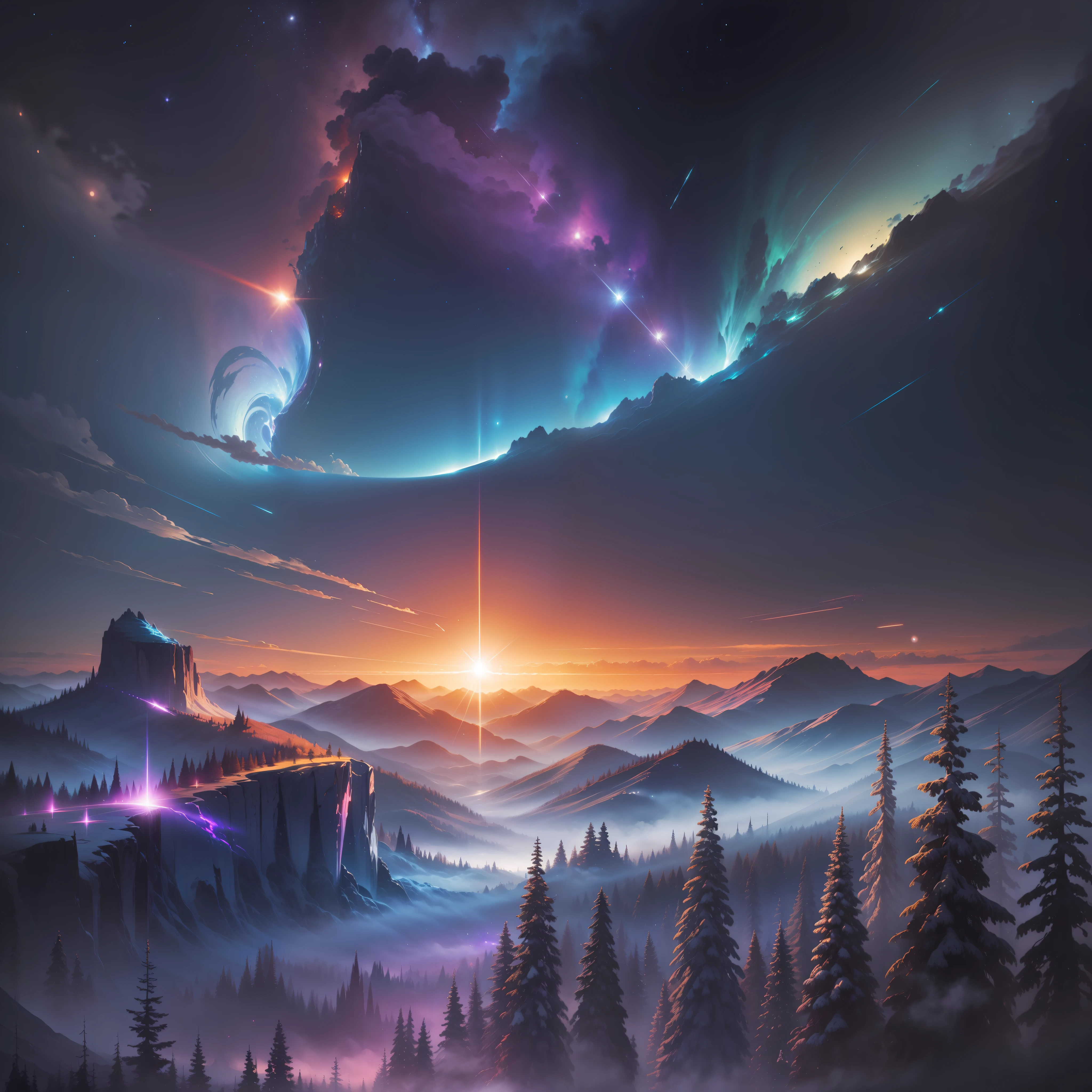 Vast landscape photos, runes around the sun, (sun: 1.2), (meteors: 0.9), (nebula: 1.3), break production art, intricate details, volumetric lighting, realism break (masterpiece: 1.2), (best quality), 4k, ultra-detailed, (dynamic composition: 1.4), very detailed, colorful details, (iridescent colors: 1.2), (luminous lighting, atmospheric lighting), dreamy, magical, (solo: 1.2)