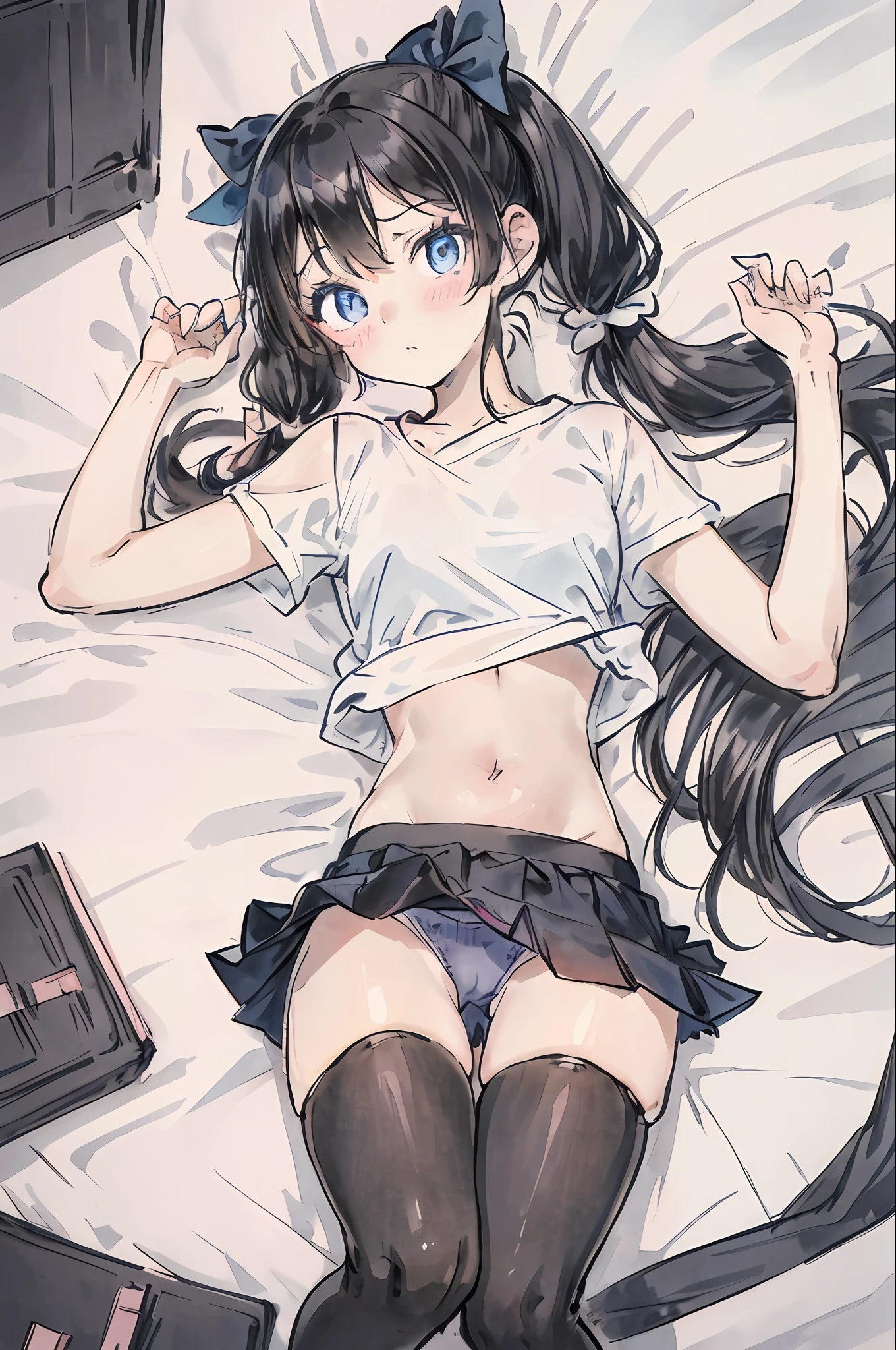 kawaii anime drawing anime drawing hessai anime girls drawing 1girl, twintails, solo, single thighhigh, shirt, blue eyes, navel, underwear, panties, black hair, bow, skirt, thighhighs, looking at viewer, white panties, long hair, on back, blush, lying
