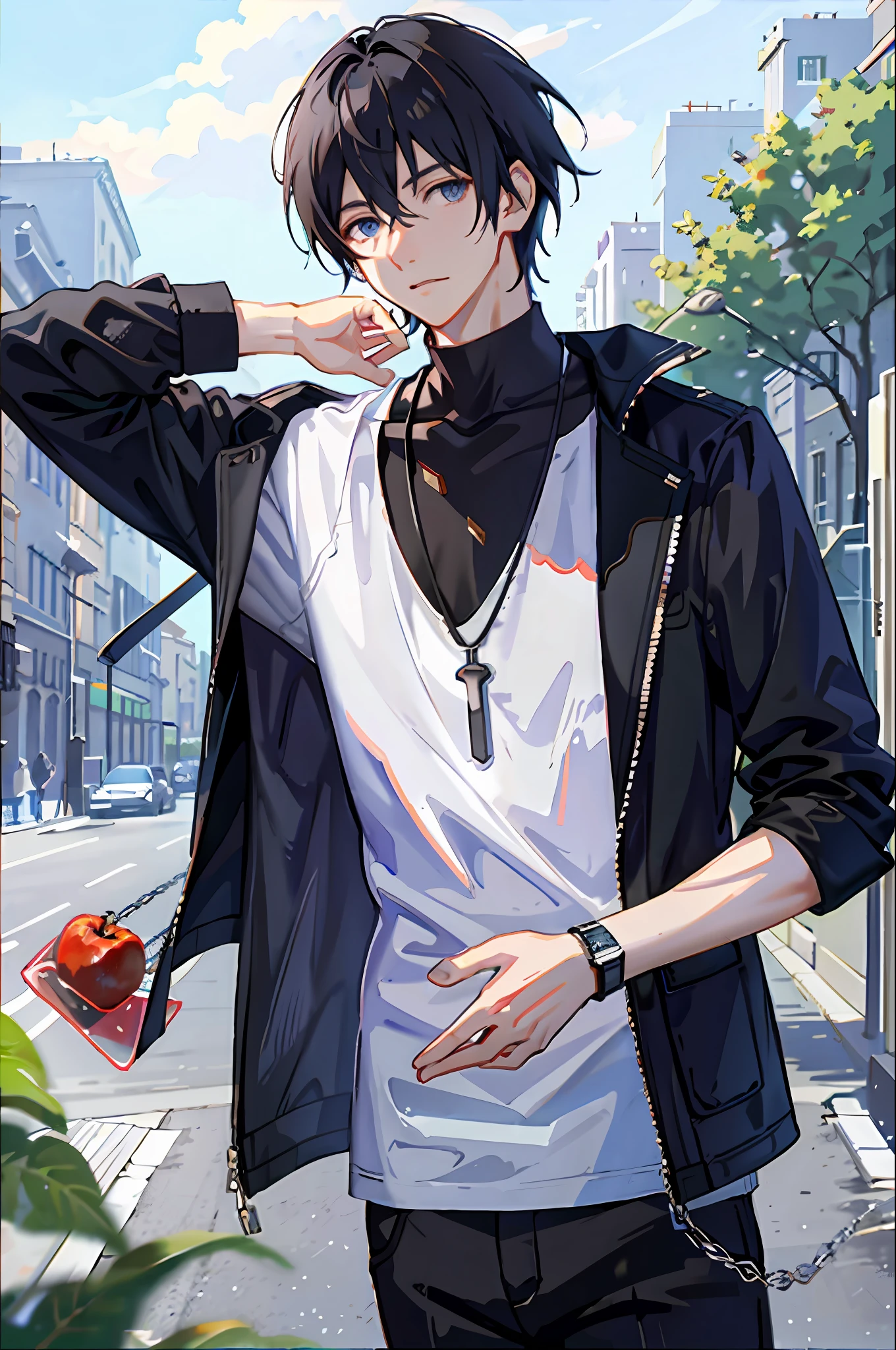 1boy, apple, bag, bangs, berry, black hair, black shirt, blue eyes, hair between eyes, jewelry, leaf, looking at viewer, male focus, necklace, pants, shirt, solo, watch, white pants, wristwatch, messy hair, trending on artstation, 8k resolution, highly detailed, anatomically correct, sharp image, digital painting, concept art, trending on pixiv, style of makoto shinkai,