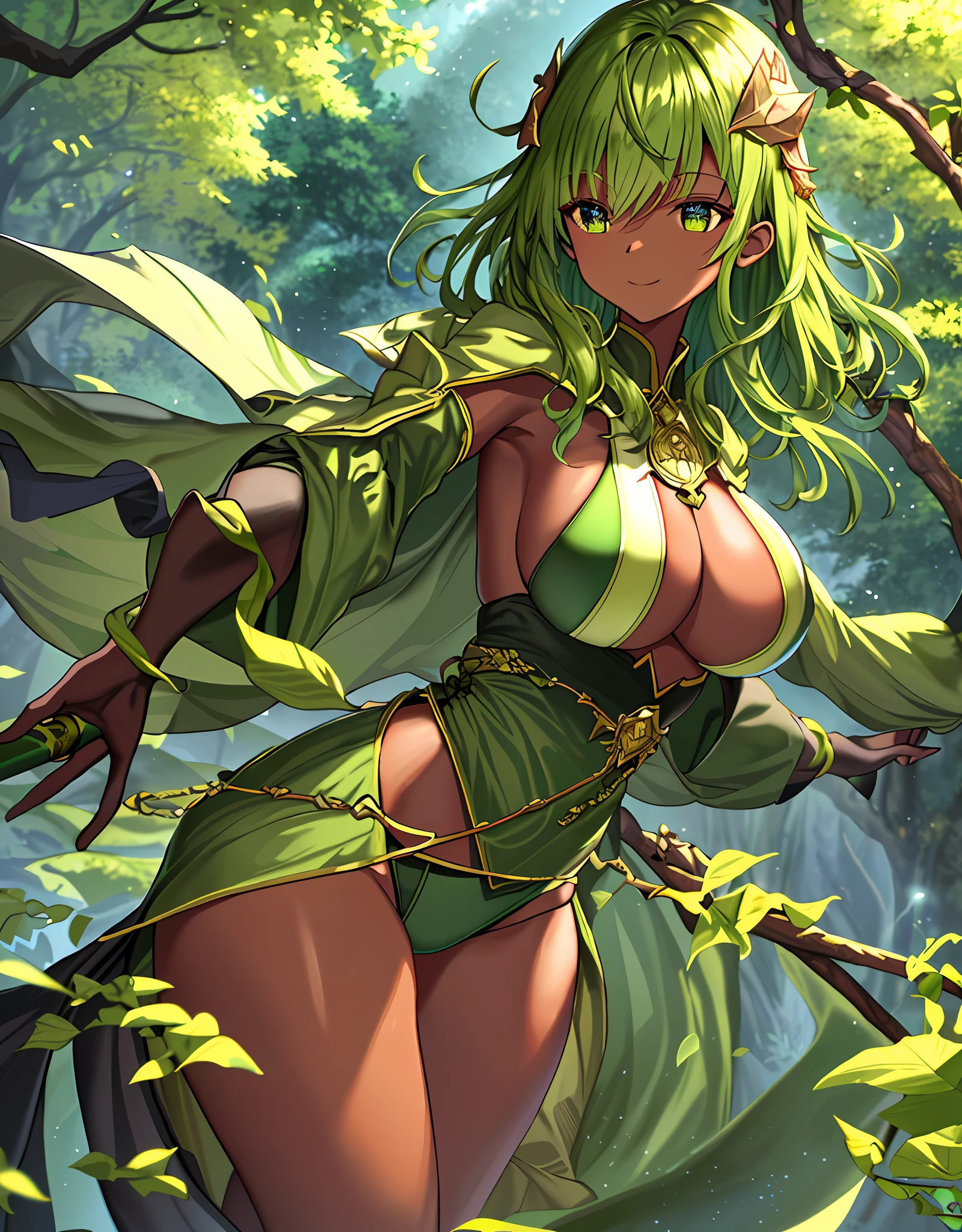 ファンタジー, 1forest_elemental_girl, dynamic_pose_fighting, (using_leaves_clothes, green_leaves_covered_breasts, leaves_covered_pussy)+++,big_tits,dynamic_pose_standing, light_smile, 眠い, medium_hair, へそ,(dark_skin)+, オイル, (winding_vine_around_torso)++, (ふっくらと)+,森, trees_background, leaves_headgear, green_leaves_cape, hold_large_long_staff, large_thighs, large_ass, solo,