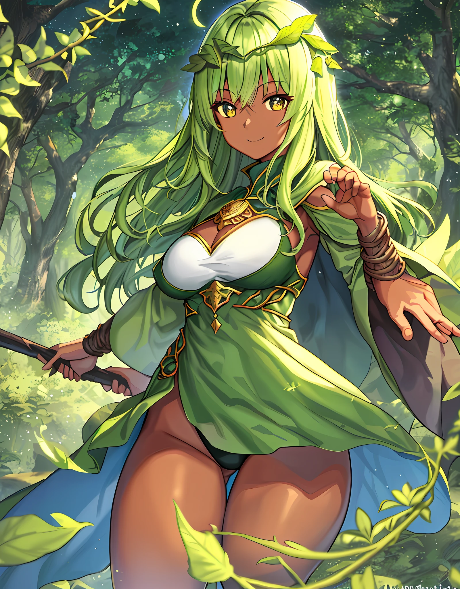 ファンタジー, 1forest_elemental_girl, dynamic_pose_fighting, (using_leaves_clothes, green_leaves_covered_breasts, leaves_covered_pussy)+++,big_tits,dynamic_pose_standing, light_smile, 眠い, medium_hair, へそ,(dark_skin)+, オイル, (winding_vine_around_torso)++, (ふっくらと)+,森, trees_background, leaves_headgear, green_leaves_cape, hold_large_long_staff, large_thighs, large_ass, solo,