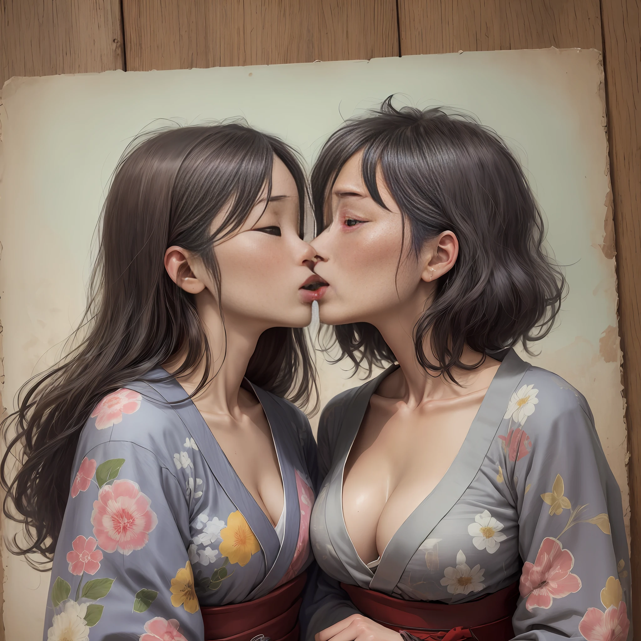 Faded old photo, old-fashioned, disheveled yukata, no underwear, carefully depicting two women, Japan woman, cleavage, kissing, tangled tongue, sweat, fingers
