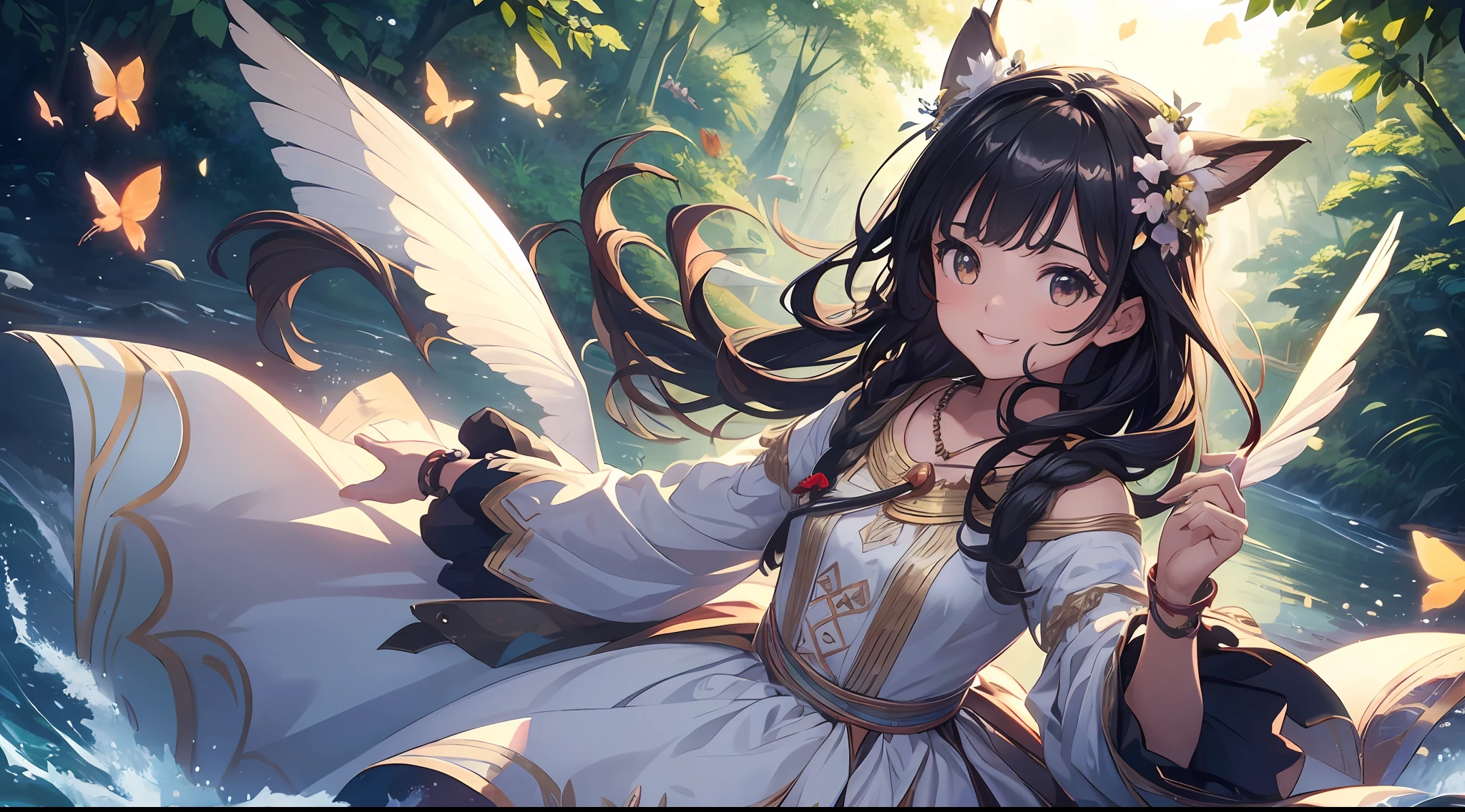 ((SFW))), Masterpiece, (High Quality), ((Photoreal)), (Cinematic Direction), (High Contrast), (Depth of Field: 1.3), (Award-winning Difference Photo: 1.1), (Face Detail), Detailed Drawing, There is a place in the forest where flowers bloom, Girl dancing in a snow-white summer dress in the flower field, Animals are jumping happily around the girl, Colorful little birds and butterflies flying around the girl,The girl is 11 years old,Black hair very long hair,Flower crown, full body figure, summer sky, summer clouds, summer dazzling sunlight, flower garden, girl with open arms, dancing, necklace, smile, smile, happy, fun, girl looking up at the sky, deer, flapping duck, flapping goose, hummingbird, European bulbul, kingfisher, European orli, butterfly, dazzling halo light, (dazzling glow: .1.4, (glow: 1.3), backlit, (colorful petals soar in the wind: 1.4), strong wind,