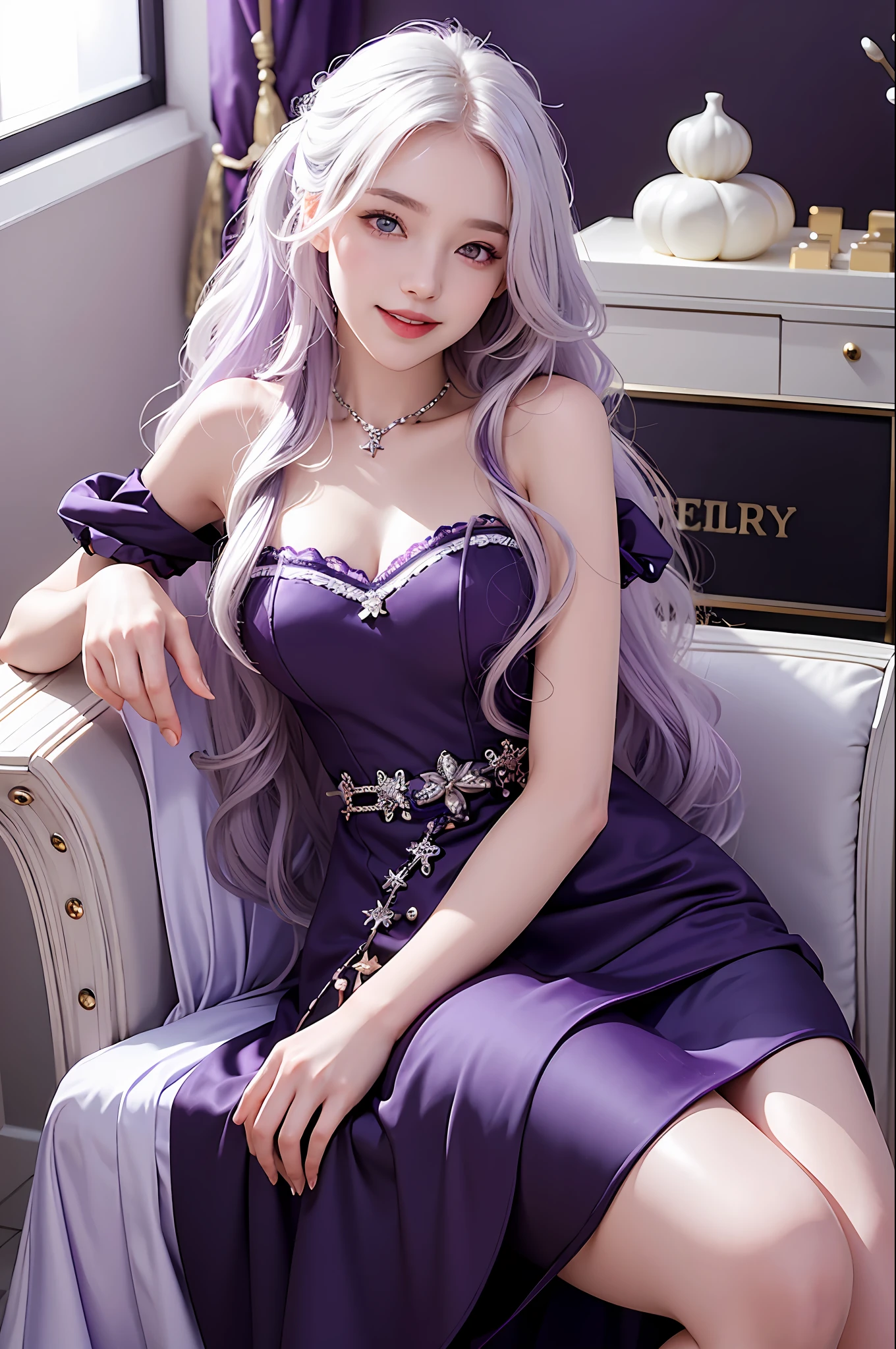 realistic, high resolution, 1 girl, white wavy hair, purple witch dress, purple dress with stars, Korean, heterochromia, witch, seated position, chess in front of her, indoors, looking into camera, smiling evilly, upper teeth,