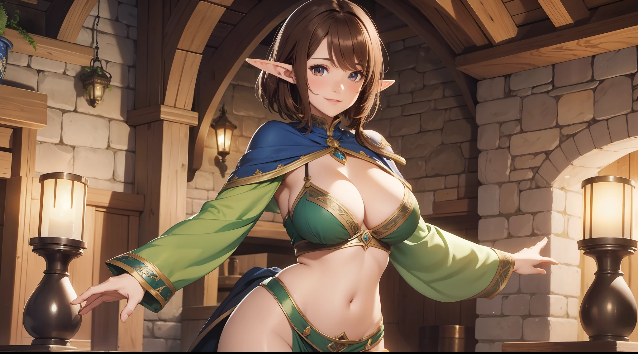 elf, brown hair, short hair, brown eyes, hair between eyes, high resolution, large breasts, full body, showing navel and thighs, happy expression, fantasy, in a medieval inn